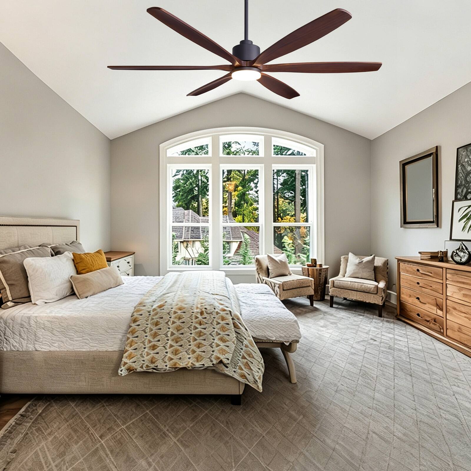 Left. Siljoy - 72 inch Black and Walnut Modern Ceiling Fan Curved Solid Wood Blades LED Light Remote for Great Room Living Room Foyer - BROWN.