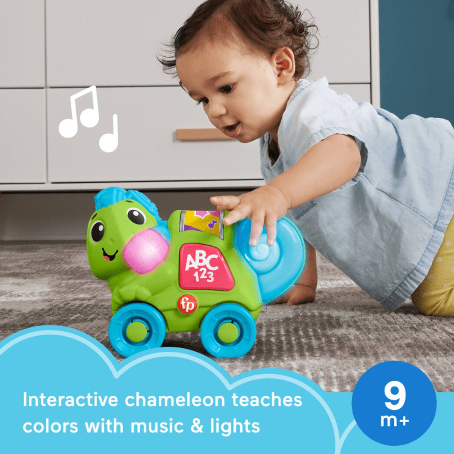 ABC 123  
fp  
Interactive chameleon teaches colors with music & lights  
9 m+