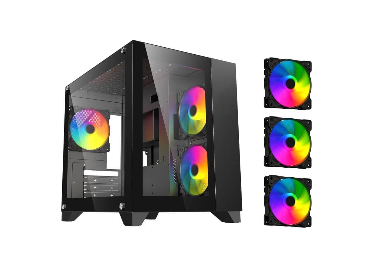 Front. DIYPC - DIYPC ARGB-Q3.R2-BK Micro ATX Case w/ Tempered Glass & 3 ARGB Fans - Black.