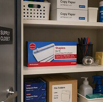 Copy Paper LETTER 8.5 x 11*  
5000  
Copy Paper LETTER 8.5 x 11*  
15  
DISINI W  
SUPPLY CLOSET  
Staples No.10 EasyClose Envelopes Privacy-Twe Wove 24  
100 Envelopes  
STSCOOS  
STARTS Ballpoint Pens  
File Folders  
Ballpoint Pens  
Letter $ CUA LEGO