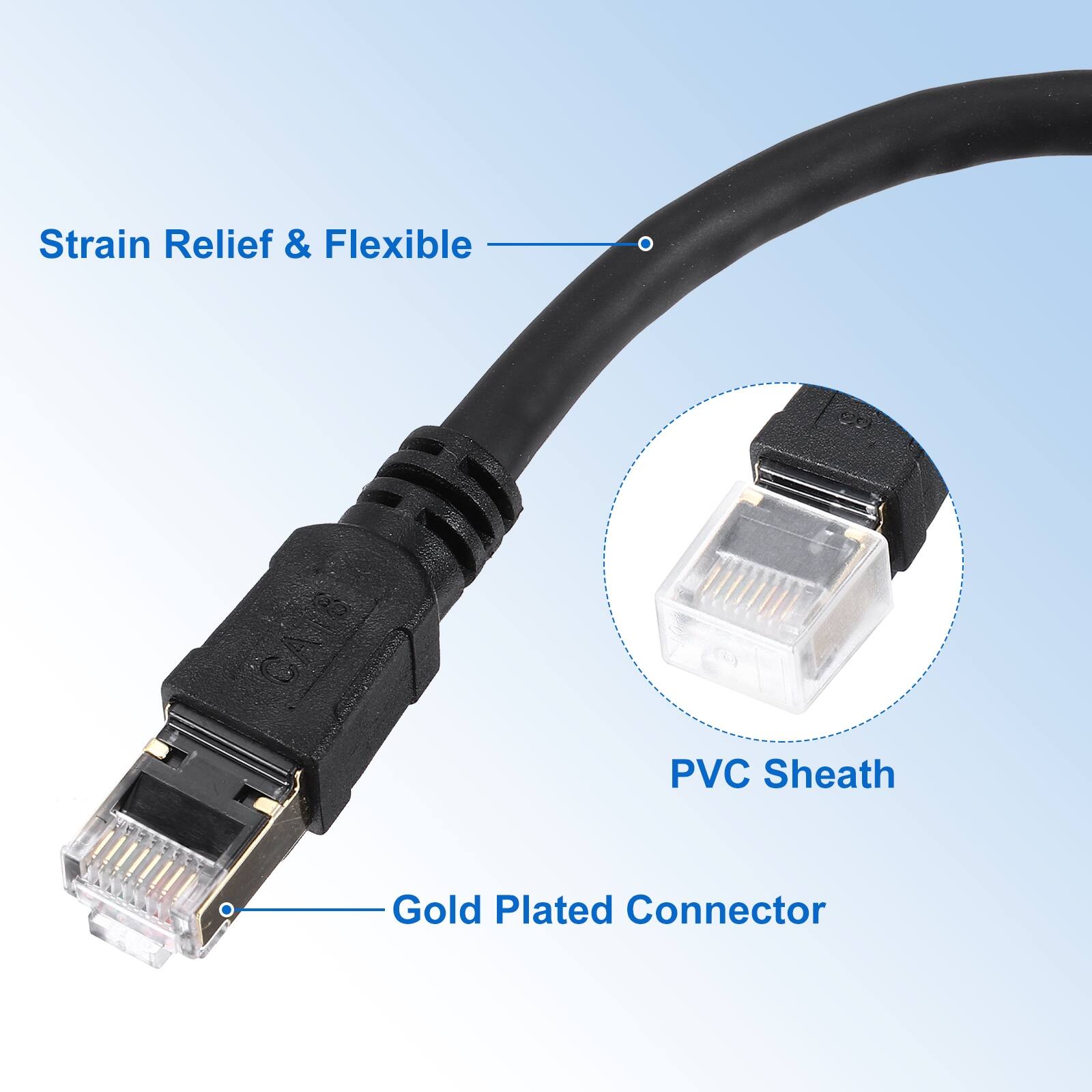 Strain Relief & Flexible  
PVC Sheath  
Gold Plated Connector