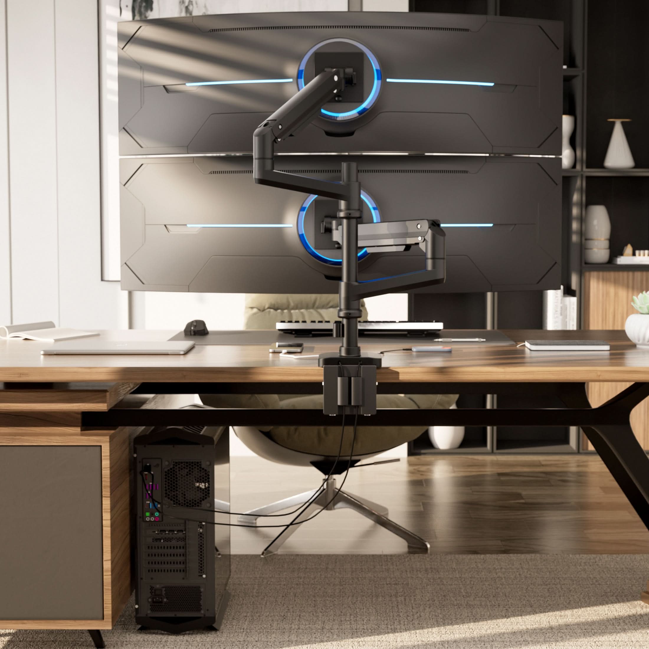 Angle. Mount-It! - Heavy‑Duty Dual Stacking Monitor Mount with Pole for Monitors up to 49”, Black - Black.