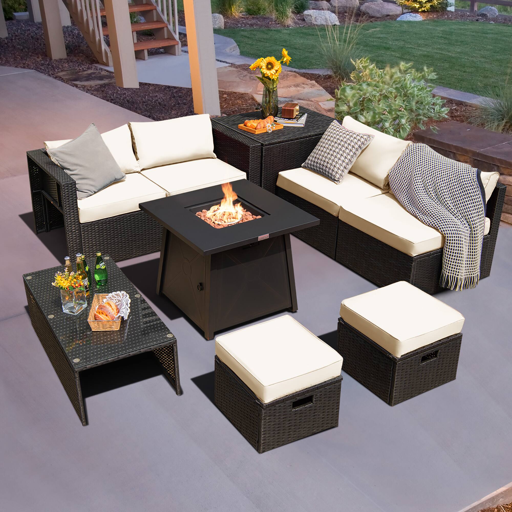 Alt View 1. Costway - Costway 9PCS Patio Rattan Furniture Set Fire Pit Space-saving W/Cover Cushion cover - Off White.