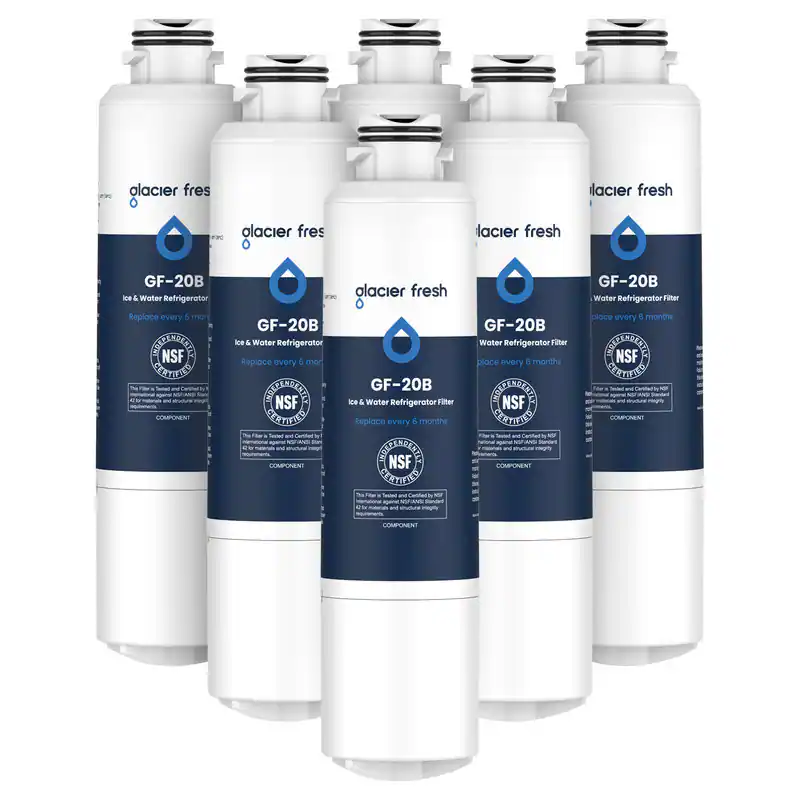 glacier fresh  
GF-20B Ice & Water Refrigerator  
Replace every 6 months  
NSF CERTIFIED COMPONENT  

GF-20B Water Refrigerator Filter  
Replace every 6 months  
NSF CERTIFIED  

GF-20B Ice & Water Refrigerator  
Replace every 6 months  
NSF CERTIFIED COMPONENT  

GF-20B Water Refrigerator Filter  
Replace every 6 months  
NSF CERTIFIED  

GF-20B Ice & Water Refrigerator  
Replace every 6 months  
NSF CERTIFIED COMPONENT  

GF-20B Water Refrigerator Filter  
Replace every 6 months  
NSF CERTIFIED
