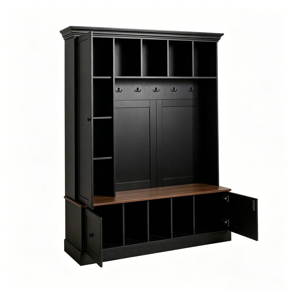 Alt View 4. Loheer - Loheer farmhouse hall tree with shoe storage bench, 62.2 inch wide entryway coat rack - Black.