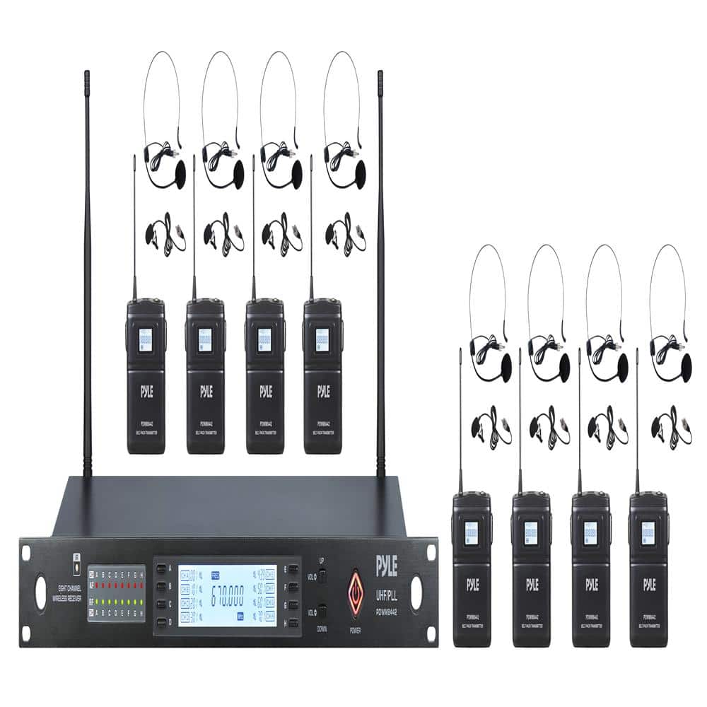 Pyle - 8-Channel Wireless Microphone System with Lavalier Microphones, Headset Microphones, Belt Trans