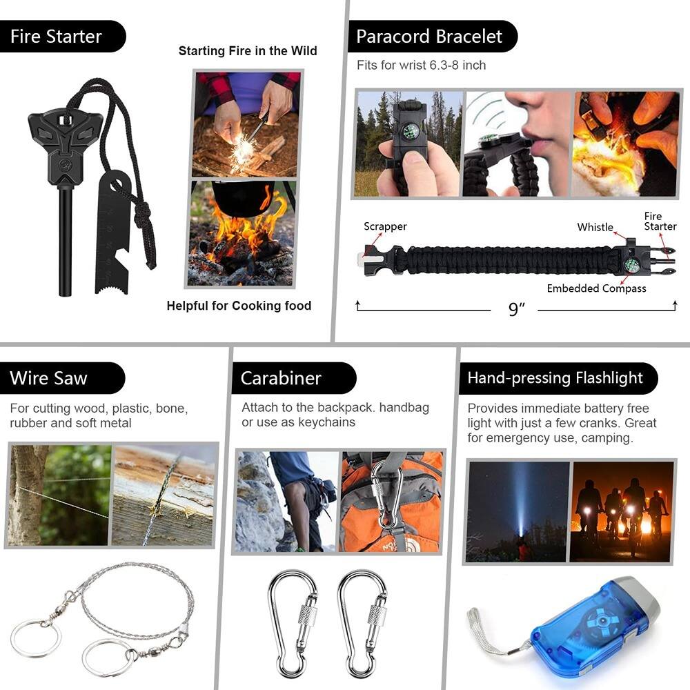Fire Starter  
Starting Fire in the Wild  
Helpful for Cooking food  

Paracord Bracelet  
Fits for wrist 6.3-8 inch  
Scrapper  
Whistle  
Fire Starter  
Embedded Compass  

Wire Saw  
For cutting wood, plastic, bone, rubber and soft metal  

Carabiner  
Attach to the backpack, handbag or use as keychains  

Hand-pressing Flashlight  
Provides immediate battery free light with just a few cranks. Great for emergency use, camping.