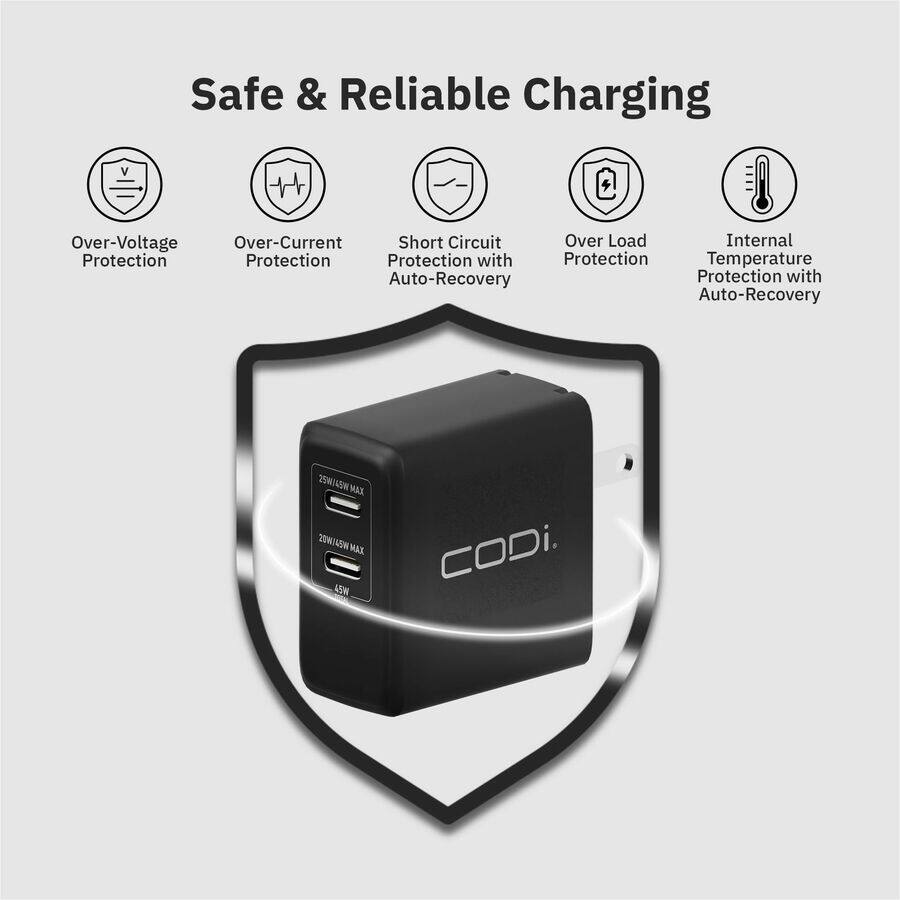Safe & Reliable Charging

- Over-Voltage Protection
- Over-Current Protection
- Short Circuit Protection with Auto-Recovery
- Over Load Protection
- Internal Temperature Protection with Auto-Recovery

20W/49W MAX

CODi.