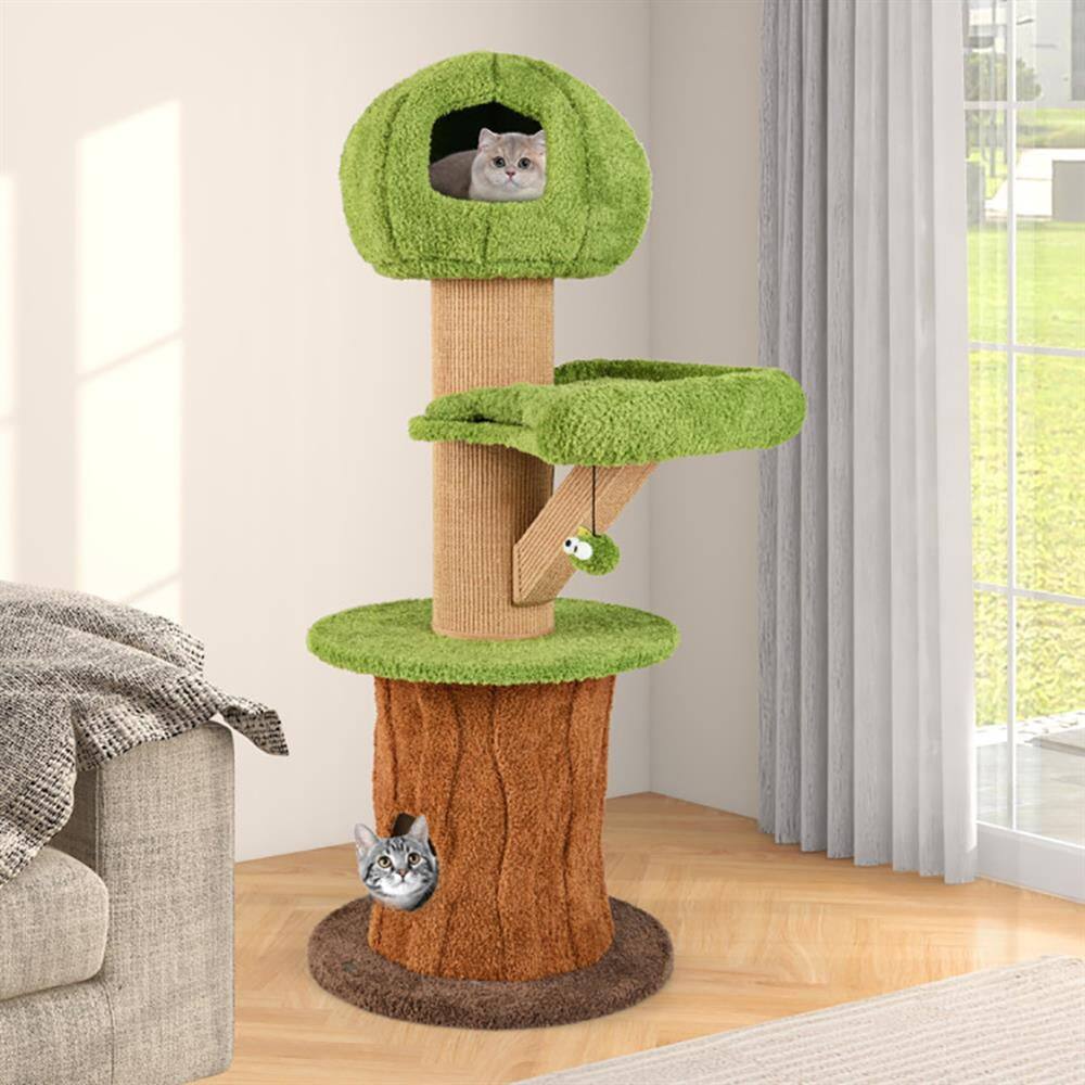 Angle. Kadyn - Cat Scratching Tower,Cat Tree, Mushroom Cat Tree for Indoor Cats with 2 Cute Condos Plush Perch and Teasing Balls-Green - Brown.