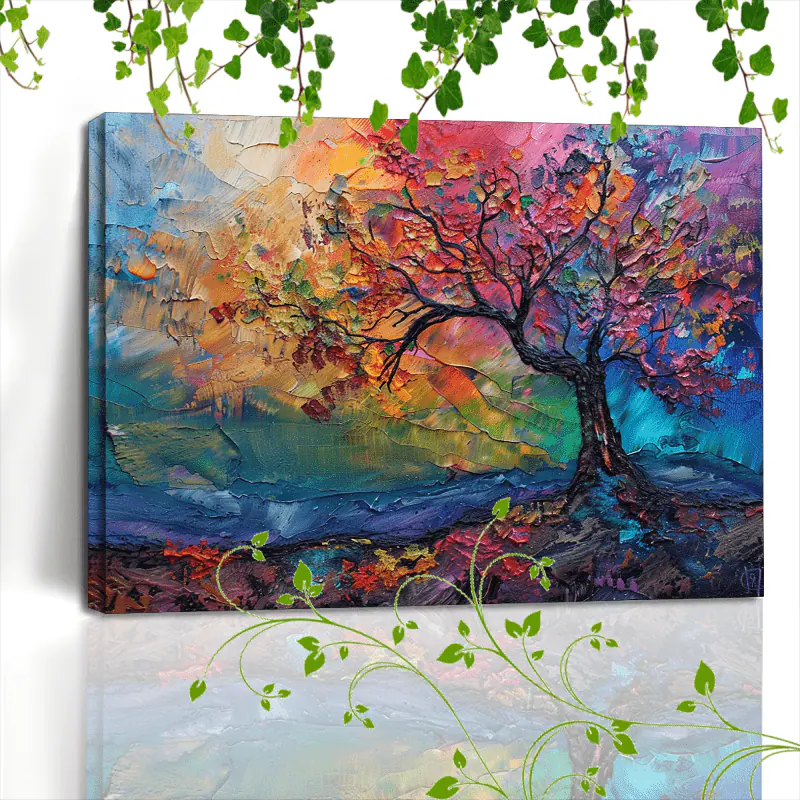Front. blue - 1pc Vibrant Rainbow Foliage Abstract Tree Canvas Art - Wooden Framed, Textured Paint, Ideal for Home & Office Decor, Li - Color:12*18in.