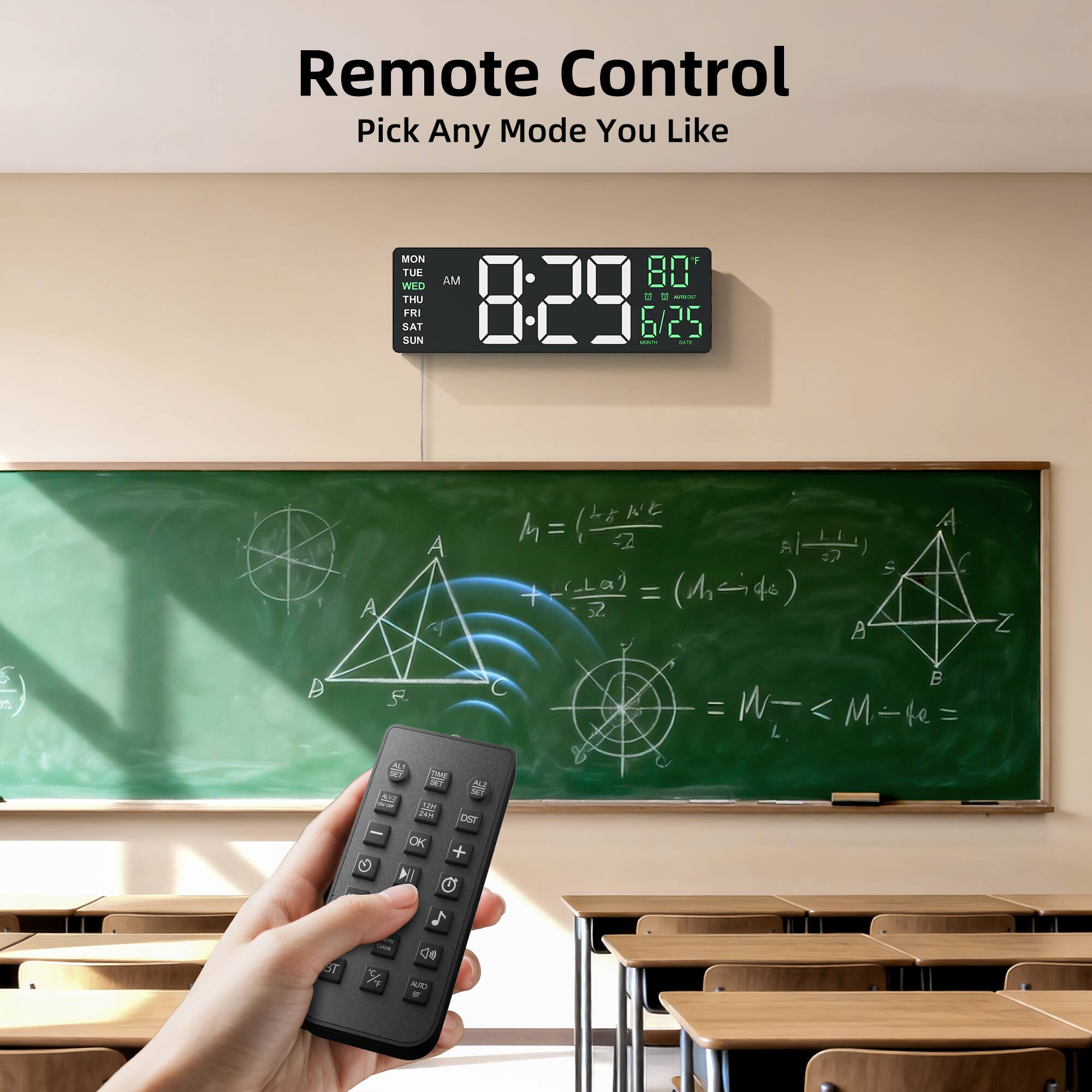 Remote Control  
Pick Any Mode You Like  

MON WED TUE AM 8:29  
THU 8:29 AM  
FRI SAT 6/25  
SUN  

A M = -2  
A #2 S (_La) = (4 (M de ) 3 A A C Z A A C f AL NT THA TT 5 - 1 atr cer - OK + G N & = I L B < M - fe = ST X4 1 de S -