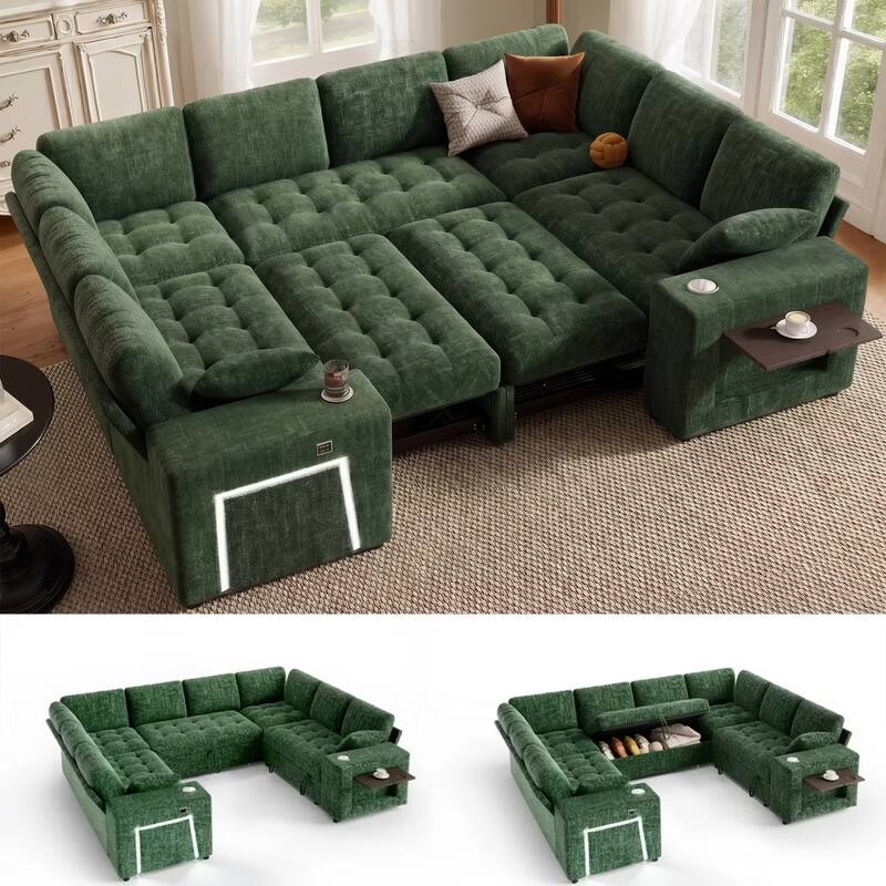 Front. Dyonery - 111" U Shaped Modular Sectional Sleeper Sofa with Pull Out Bed,8 Seat Green Chenille Couch with 2 Pull-Out Beds - Green.