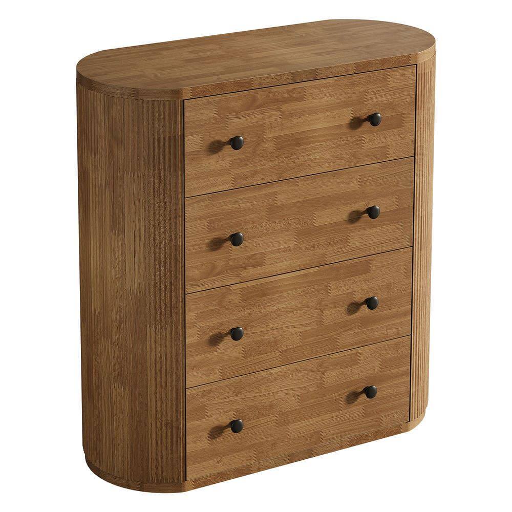 Alt View 3. Kadyn - 39.4" Wooden 4-Drawer Chest Dresser, Fluted Storage Cabinet Organizer, Black Knobs - Brown.