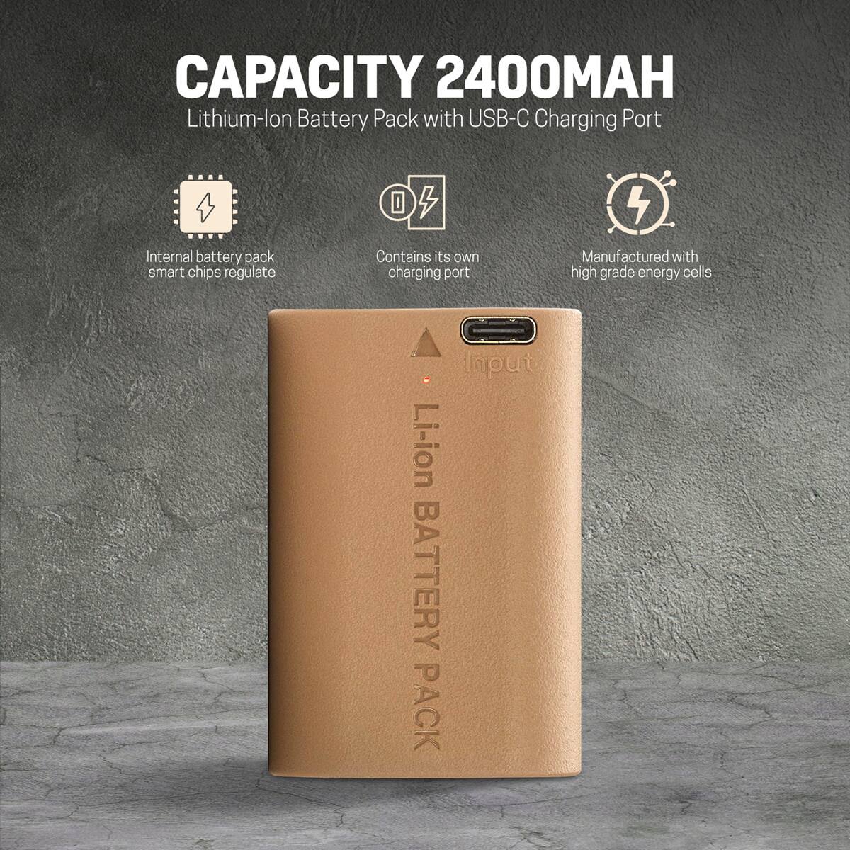 CAPACITY 2400MAH Lithium-lon Battery Pack with USB-C Charging Port

- Internal battery pack smart chips regulate
- Contains its own charging port
- Manufactured with high grade energy cells

Li-ion BATTERY PACK