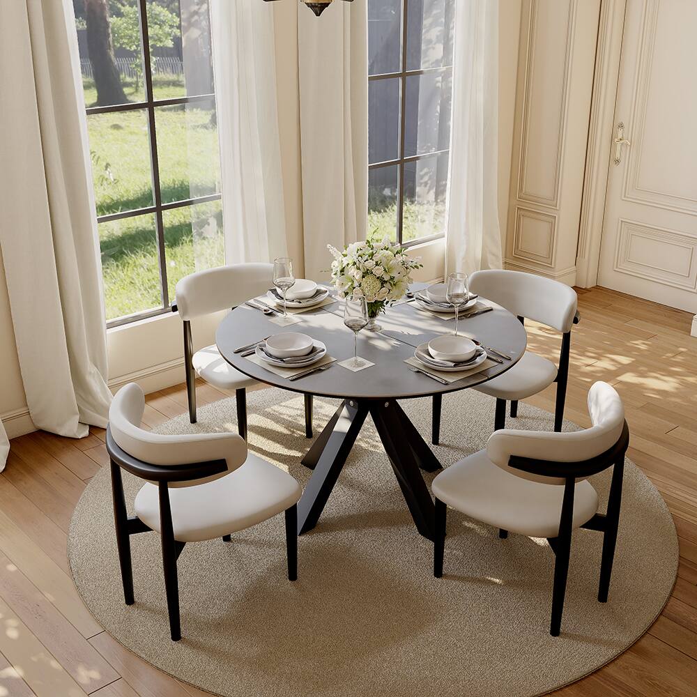 Left. POVISON - 47"-63" Round Extendable Dining Table for 4-6 People, Gray Sintered Stone Top with Black Steel Legs - Dark Gray.