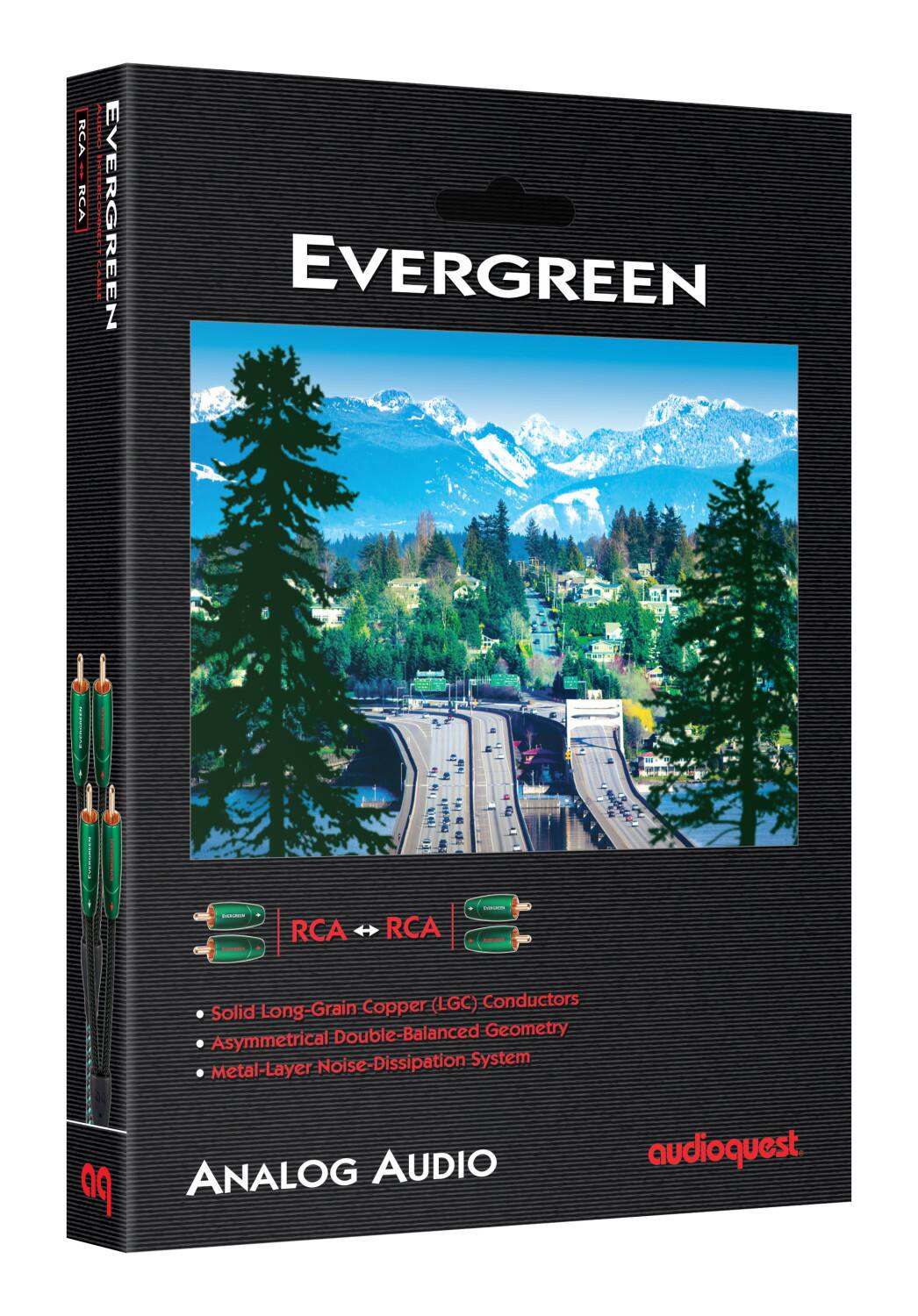 EVERGREEN  
RCA to RCA  

- Solid Long-Grain Copper (LGC) Conductors  
- Asymmetrical Double-Balanced Geometry  
- Metal-Layer Noise-Dissipation System  

ANALOG AUDIO  

audioquest