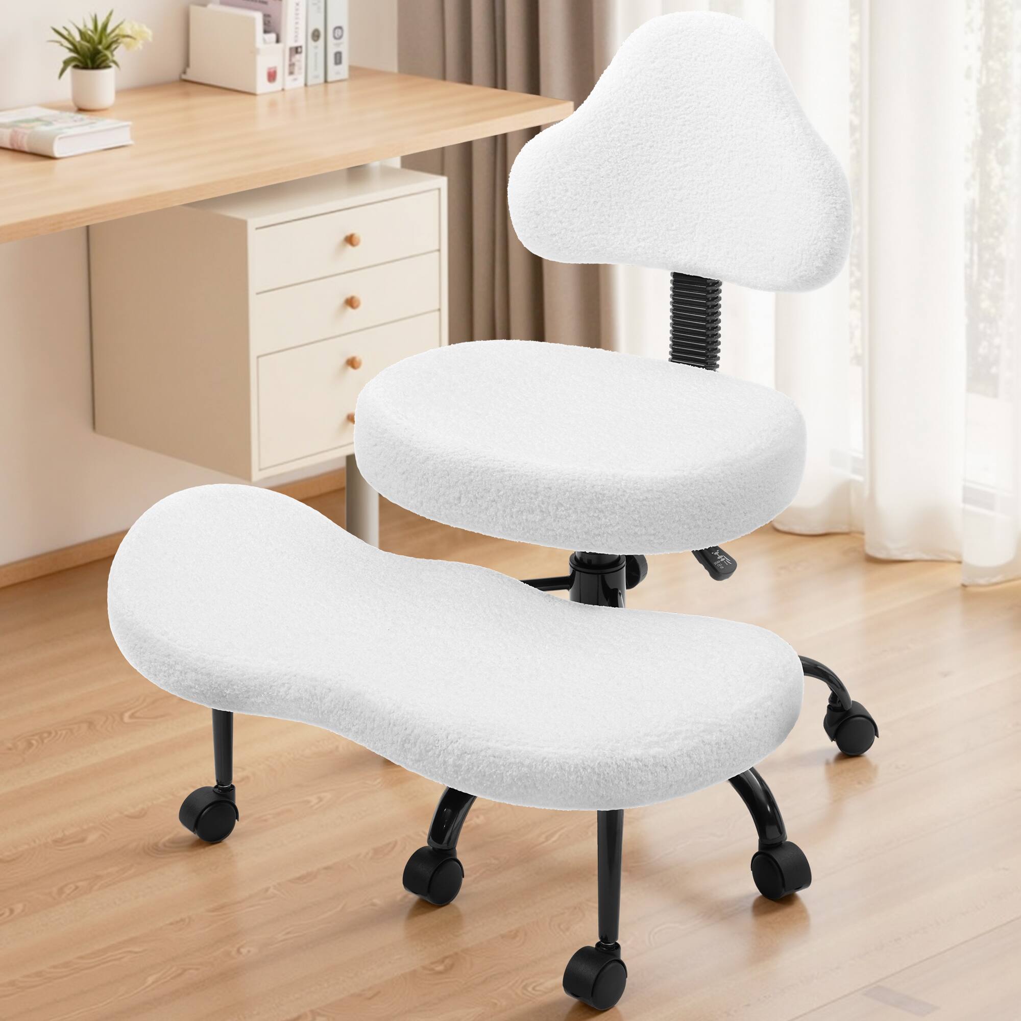 Left. Brick Attic - Cross Legged Office Chair, ADHD Meditation Yoga Chair, Teddy Fabric Adjustable Ergonomic Kneeling Chair - White.