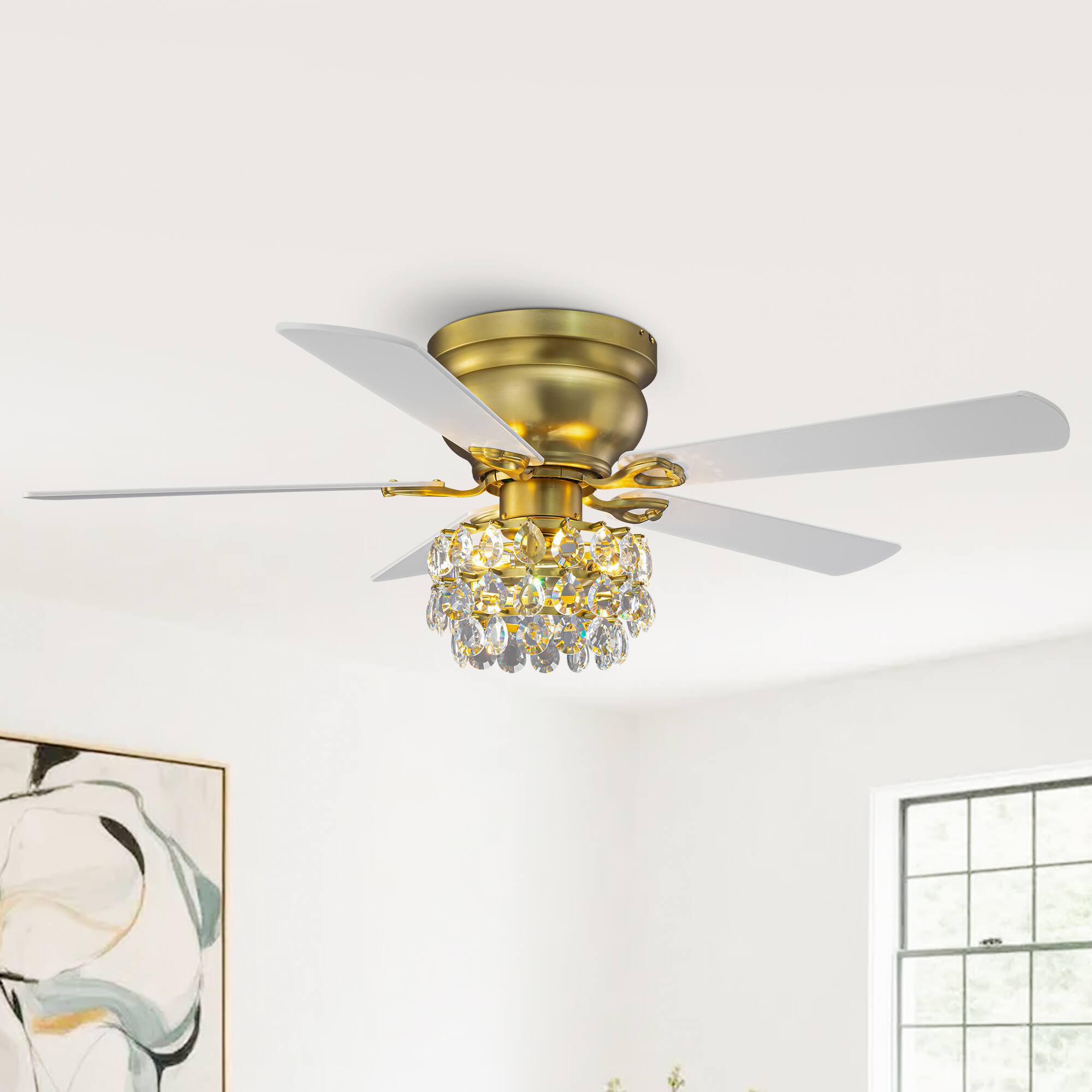 Alt View 1. Parrot Uncle - 48" Modern Crystal Low Profile Ceiling Fan with Light Kit and Remote - Modern Brass.