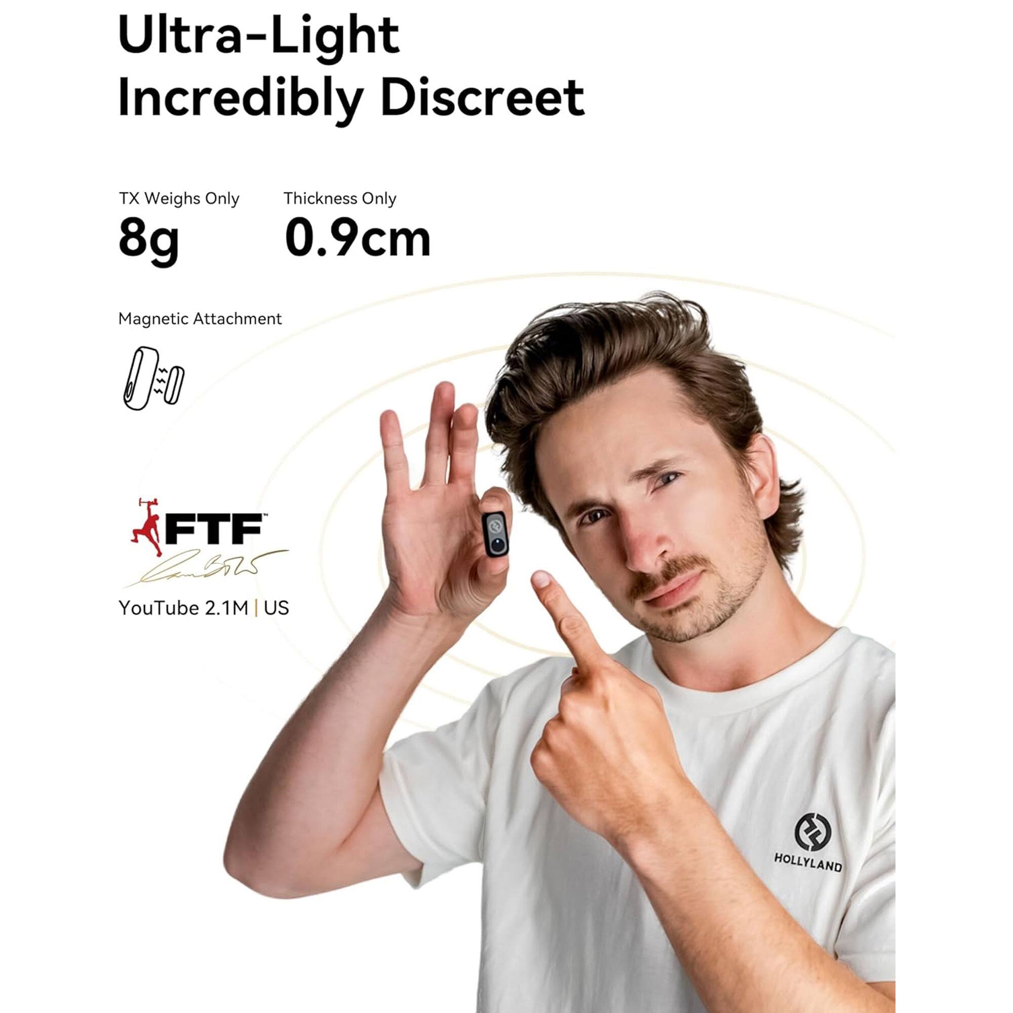 Ultra-Light  
Incredibly Discreet  

TX Weighs Only 8g  
Thickness Only 0.9cm  

Magnetic Attachment  

FTF  
YouTube 2.1M | US  

HOLLYLAND