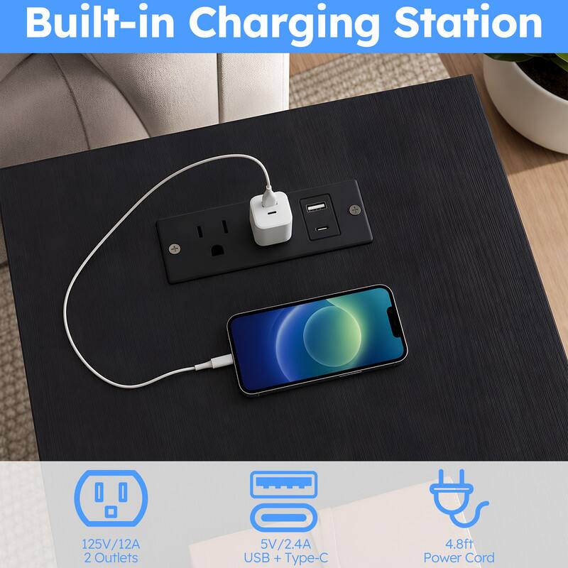 Built-in Charging Station 125V/12A 2 Outlets 5V/2.4A USB + Type-C 4.8ft Power Cord