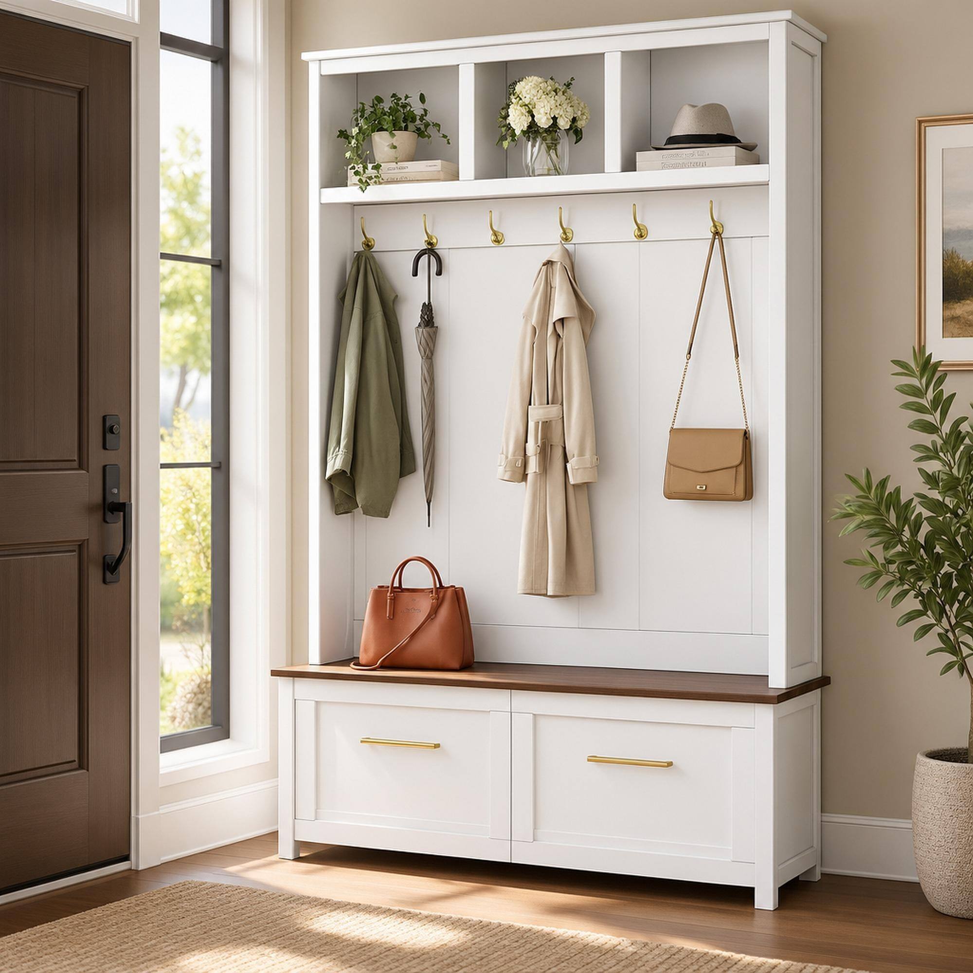Front. RYHNUYNE - ON-TREND 4-in-1 Hall Tree, 47.2 in Wide, 76.6 in High, White Particle Board, Golden Hooks, Bench, 2 Drawers - White.