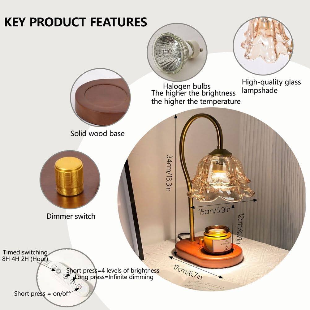 KEY PRODUCT FEATURES

- Halogen bulbs
  - The higher the brightness, the higher the temperature

- High-quality glass lampshade

- Solid wood base

- Dimmer switch

- Timed switching
  - 8H 4H 2H (Hour)

- Short press = 4 levels of brightness
- Long press = Infinite dimming
- Short press = on/off

Dimensions:
- 34cm/13.3in
- 15cm/5.9in
- 12cm/4.7in
- 17cm/6.7in