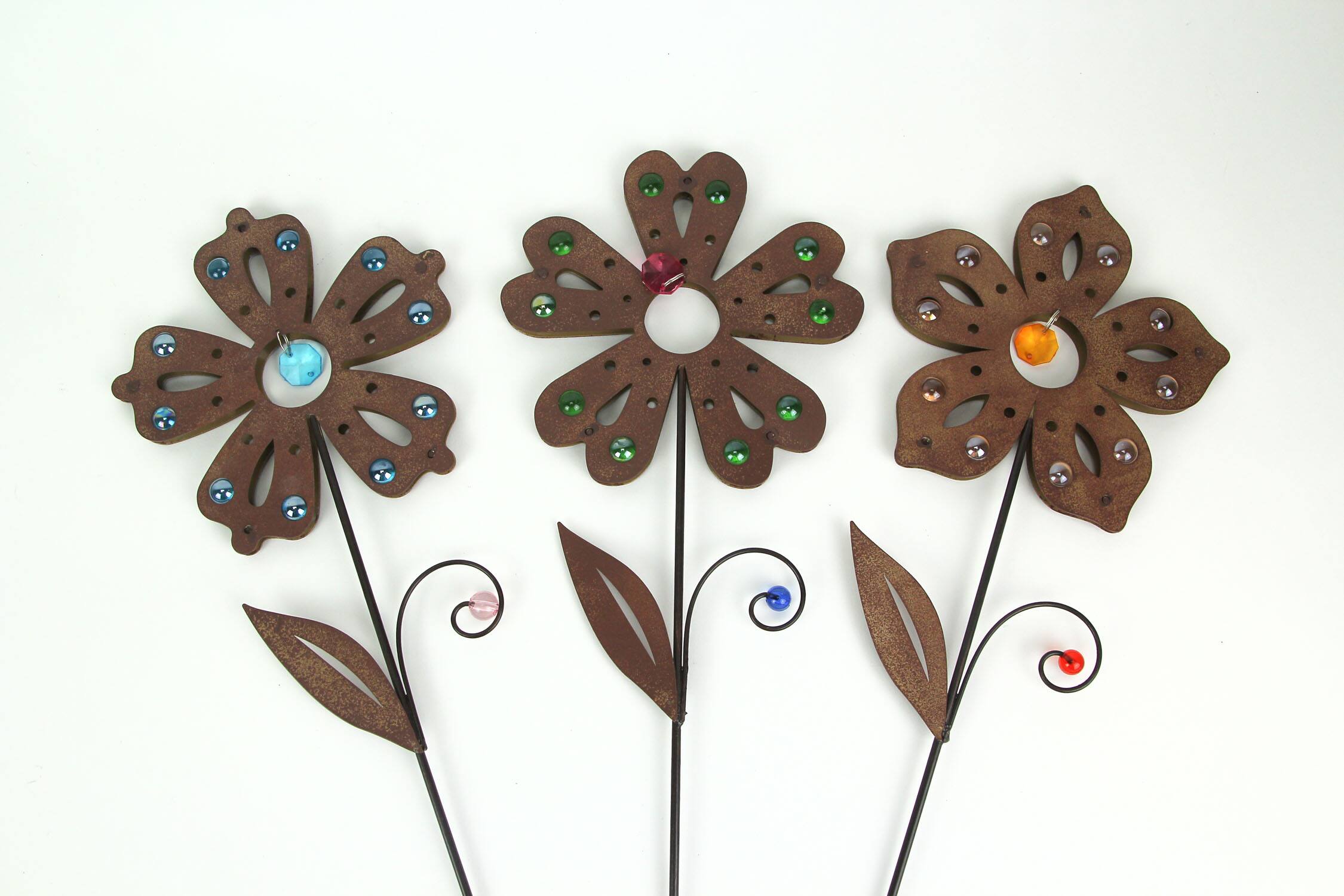 Alt View 2. Zeckos - Set of 3 Rustic Brown Metal Flower Garden Stakes With Colorful Jewel Accents 18 Inches High - Multicolored.