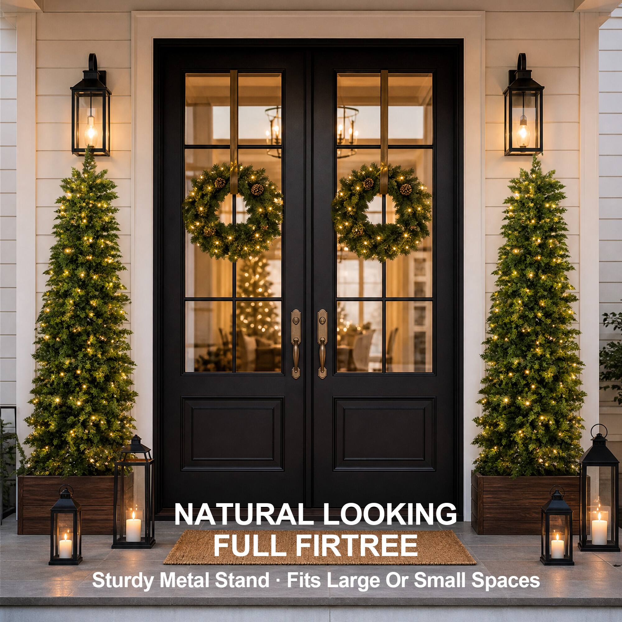 NATURAL LOOKING FULL FIR TREE  
Sturdy Metal Stand • Fits Large Or Small Spaces