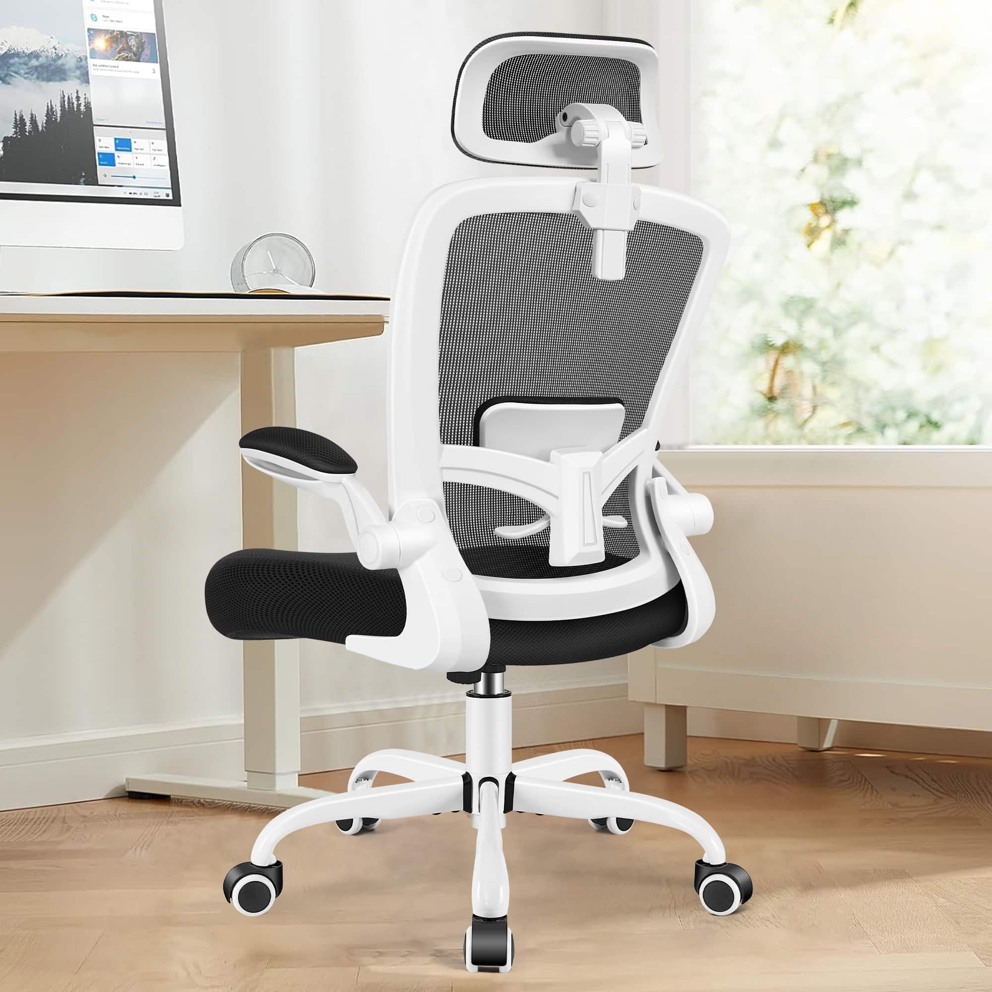 KERDOM - Ergonomic High Back Office Chair, Computer Chair with Adjustable Height, Lumbar Support Home Office Swivel Gaming Chair - White