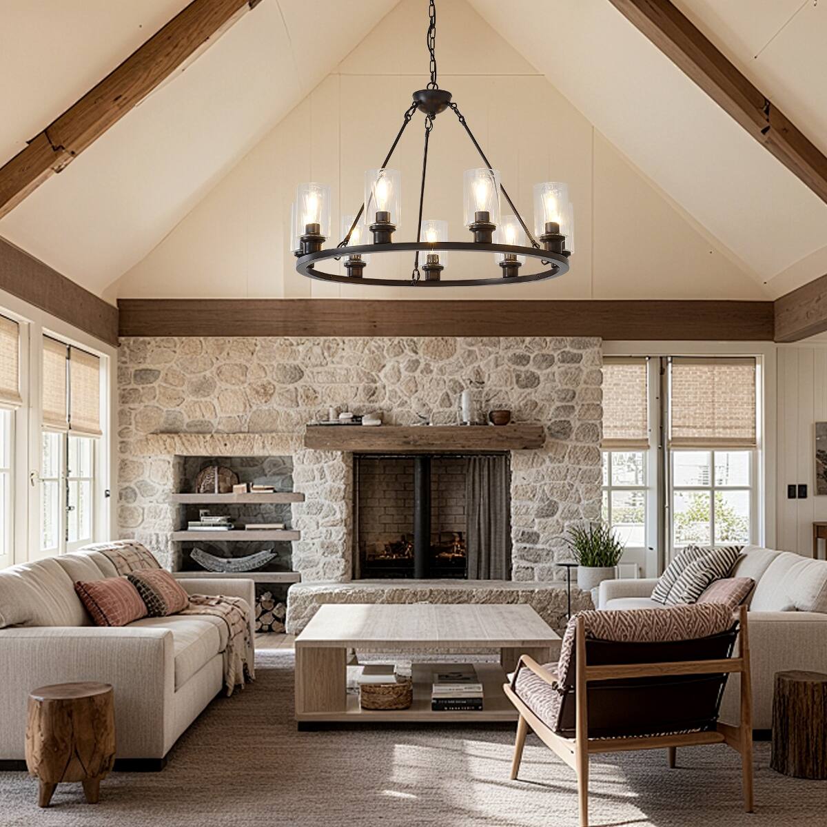 Alt View 1. Loheer - Loheer 9 Light Wagon Wheel Chandelier Modern Farmhouse Brown Metal Dining Room Pendant.