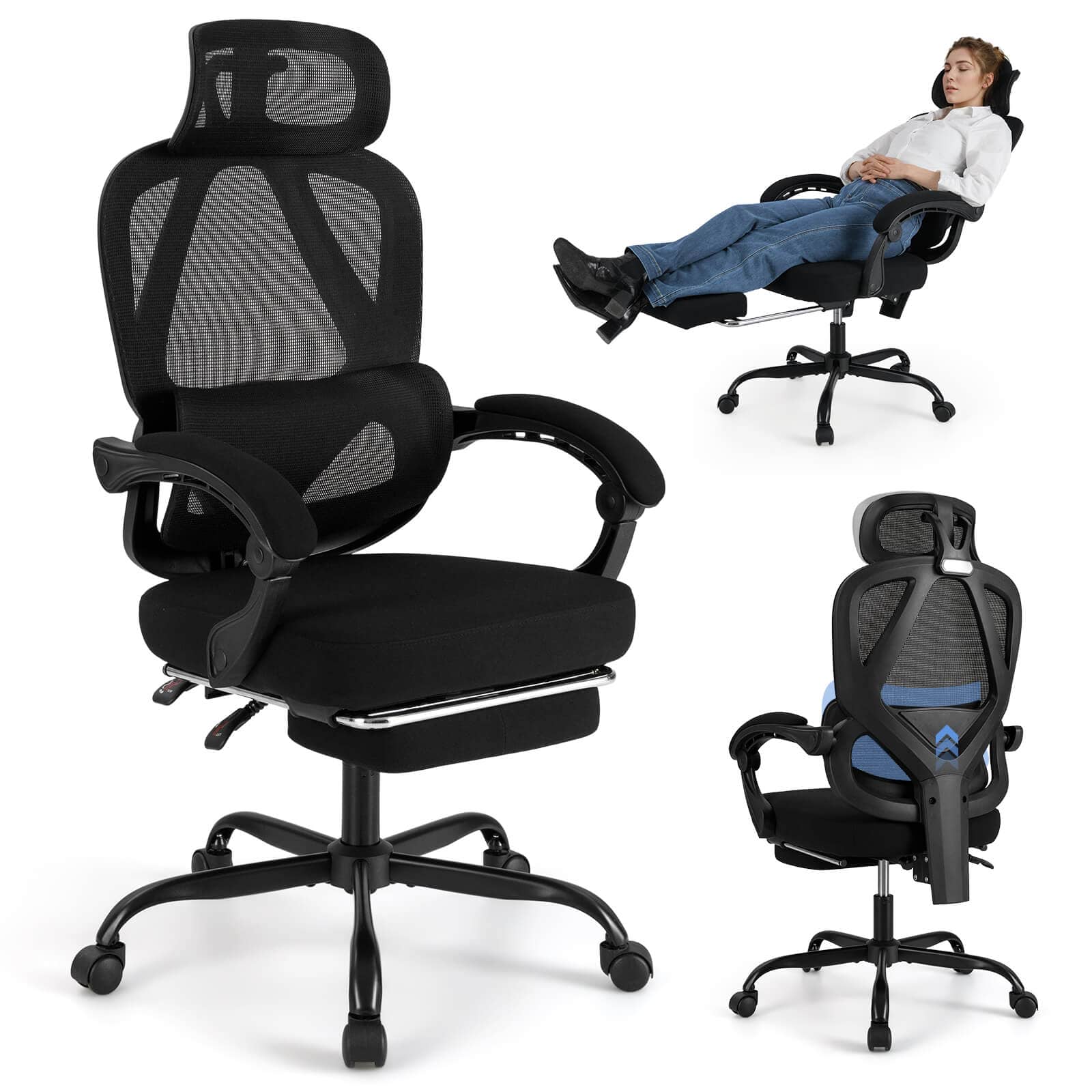 Front. Costway - Costway Ergonomic Office Chair with Retractable Footrest & 135° Stepless Tilting Backrest - Black.
