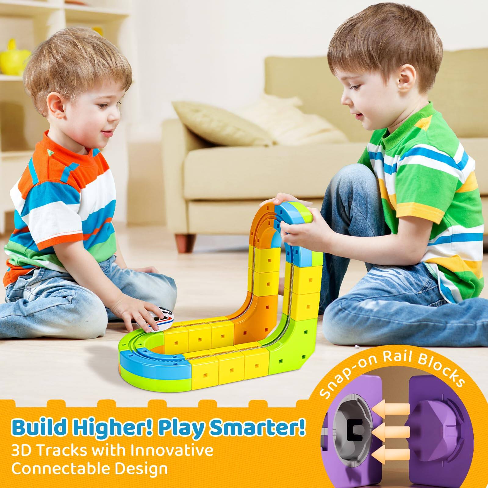 Build Higher! Play Smarter!  
3D Tracks with Innovative Connectable Design  

Snap-on Rail Blocks