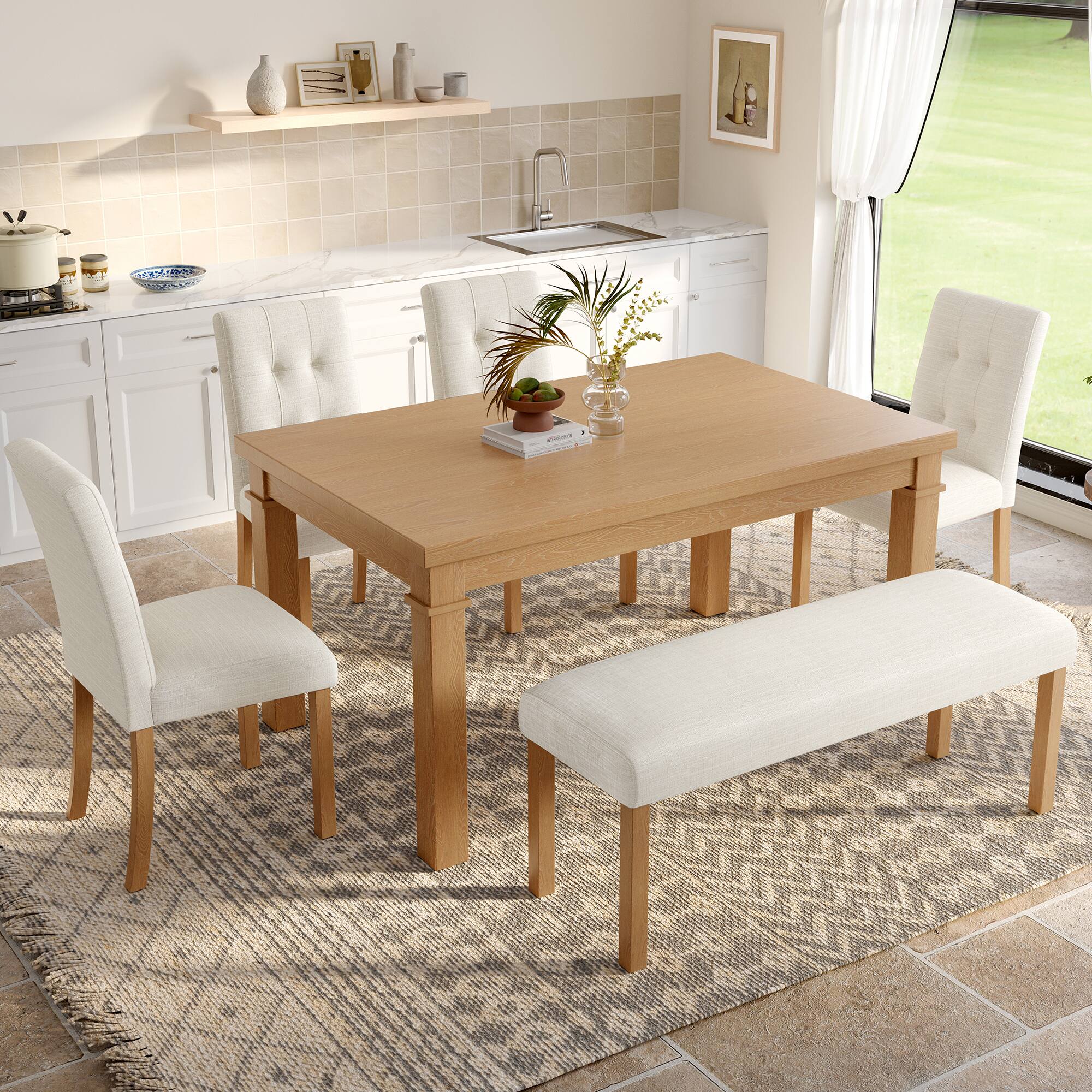 Left. APRILSOUL - 6-Piece Modern Dining Set Rectangle Kitchen Table with 4 Upholstered Chairs and Bench Ideal for Dining Room - Natural.
