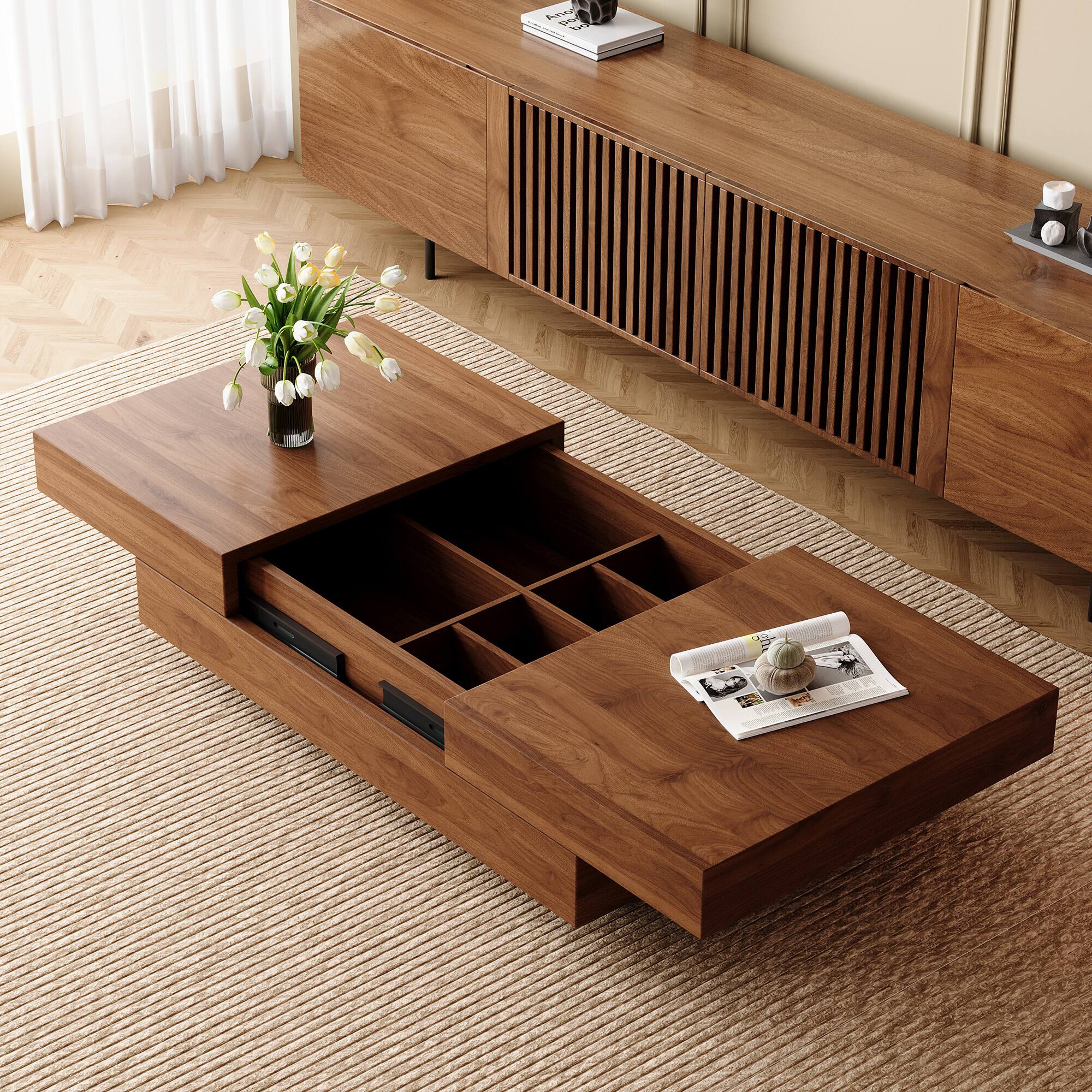 Angle. luck idea - 47.2" Extendable Coffee Table with Hidden Storage Compartment | Multifunctional Center Table for Living Room Small Space - Walnut color.