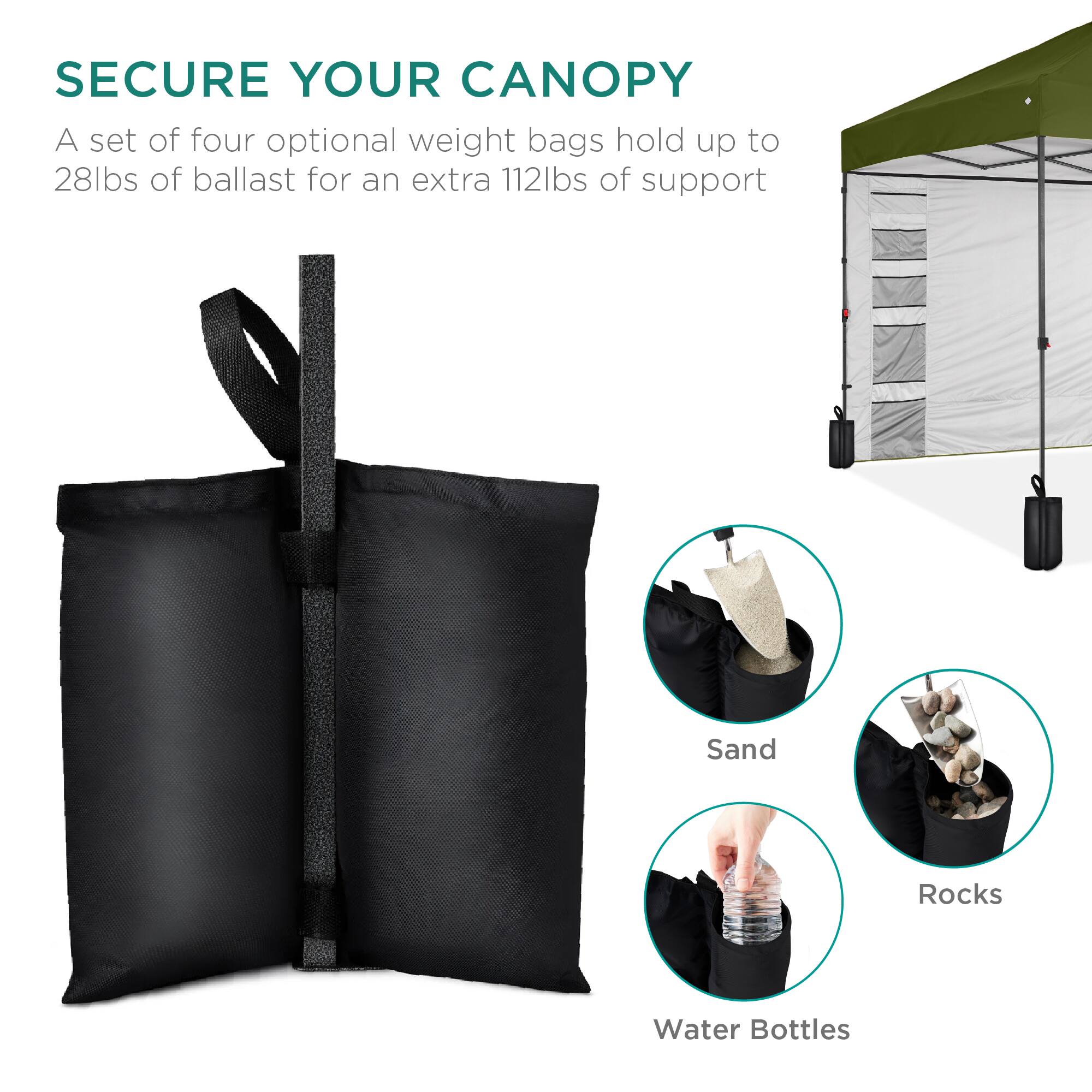 SECURE YOUR CANOPY

A set of four optional weight bags hold up to 28lbs of ballast for an extra 112lbs of support

Sand  
Rocks  
Water Bottles