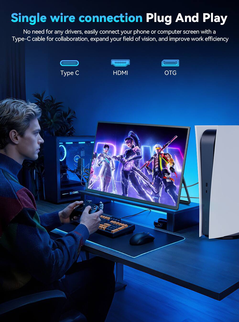 Single wire connection Plug And Play  
No need for any drivers, easily connect your phone or computer screen with a Type-C cable for collaboration, expand your field of vision, and improve work efficiency  

Type C  
HDMI  
OTG