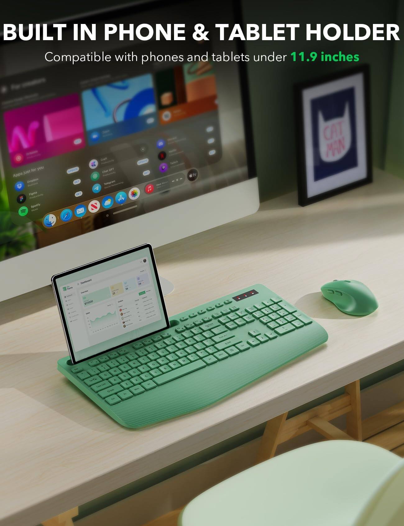 BUILT IN PHONE & TABLET HOLDER  
Compatible with phones and tablets under 11.9 inches

NI for you SUPDATE Apps just Cropbox 1/20 Businaxa Figena Productivity CAT Specify Mushi  
Craft Productionly Chat GPT Productivity Telegram sprimp States  
ORGANS  
Twitch  
tv  
CAT MAN  
Switberd auoooo  
20  

:  
CC  
the  
A  

: - : 10. 2 A Q.int  
E 5  
1 1  1 N Q - : %  x .. WM  
N 4 h  
- 1 N  
O > M  
L  
M  
=  
4