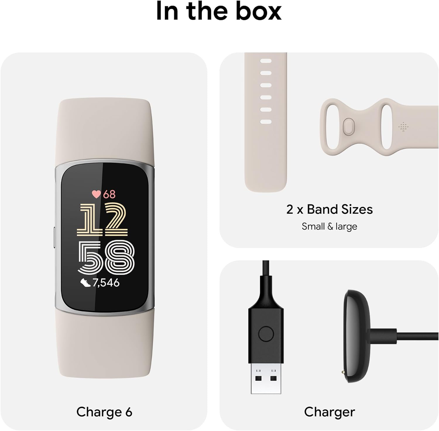 In the box

- Charge 6
- 2 x Band Sizes (Small & large)
- Charger