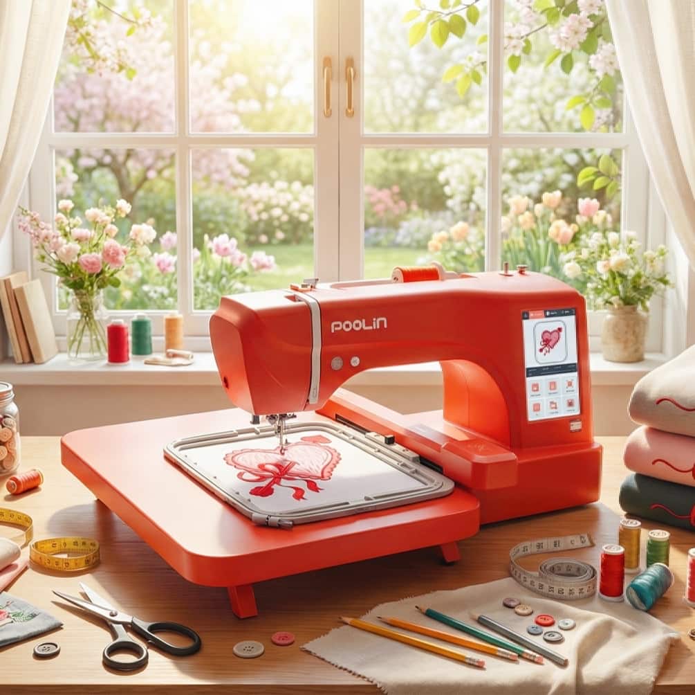 Front. Poolin - Poolin EOC06-RE 11x7.9" Large Area Computerized Embroidery Machine 7" LCD Touchscreen Wifi with Starter Kit for Business - Red.