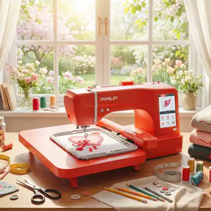 Front. Poolin - Poolin EOC06-RE 11x7.9" Large Area Computerized Embroidery Machine 7" LCD Touchscreen Wifi with Starter Kit for Business - Red.