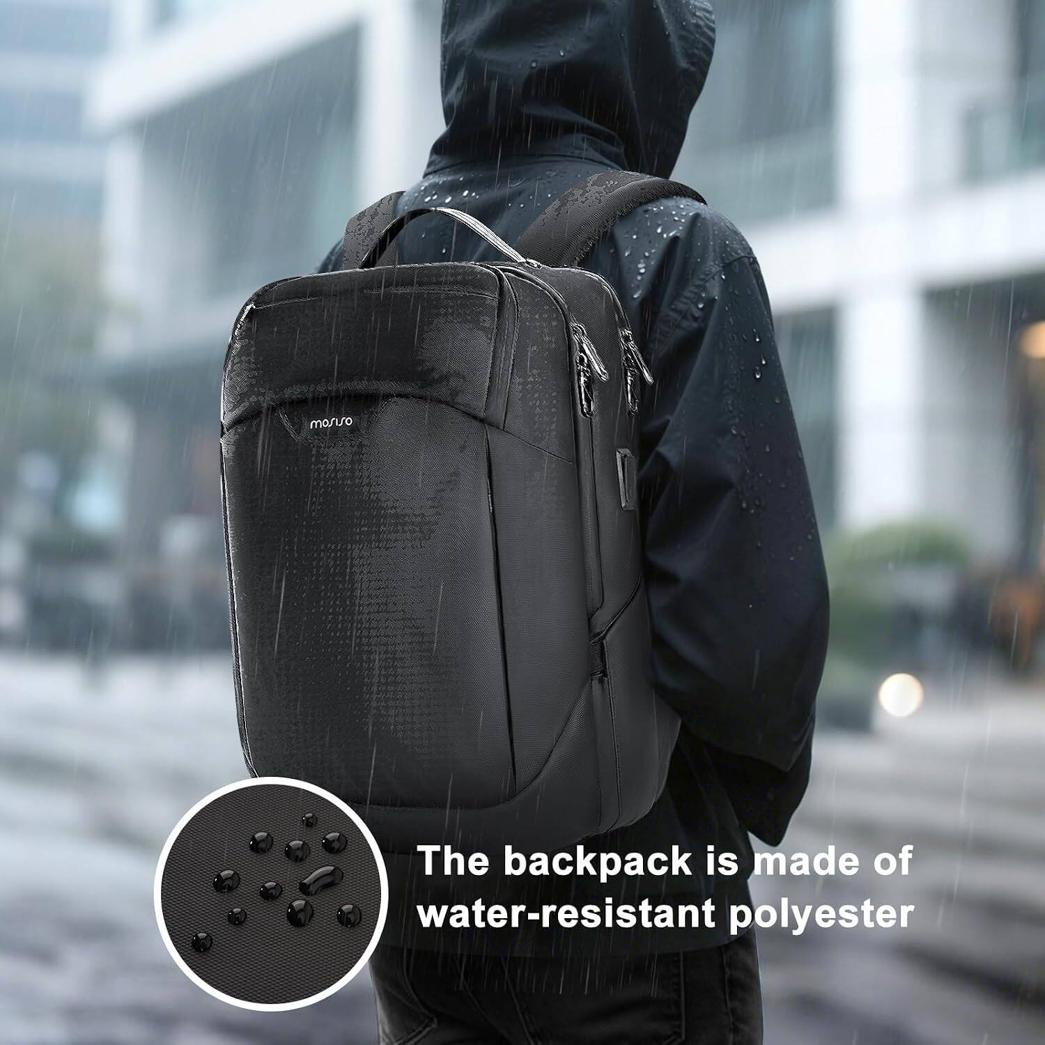 The backpack is made of water-resistant polyester