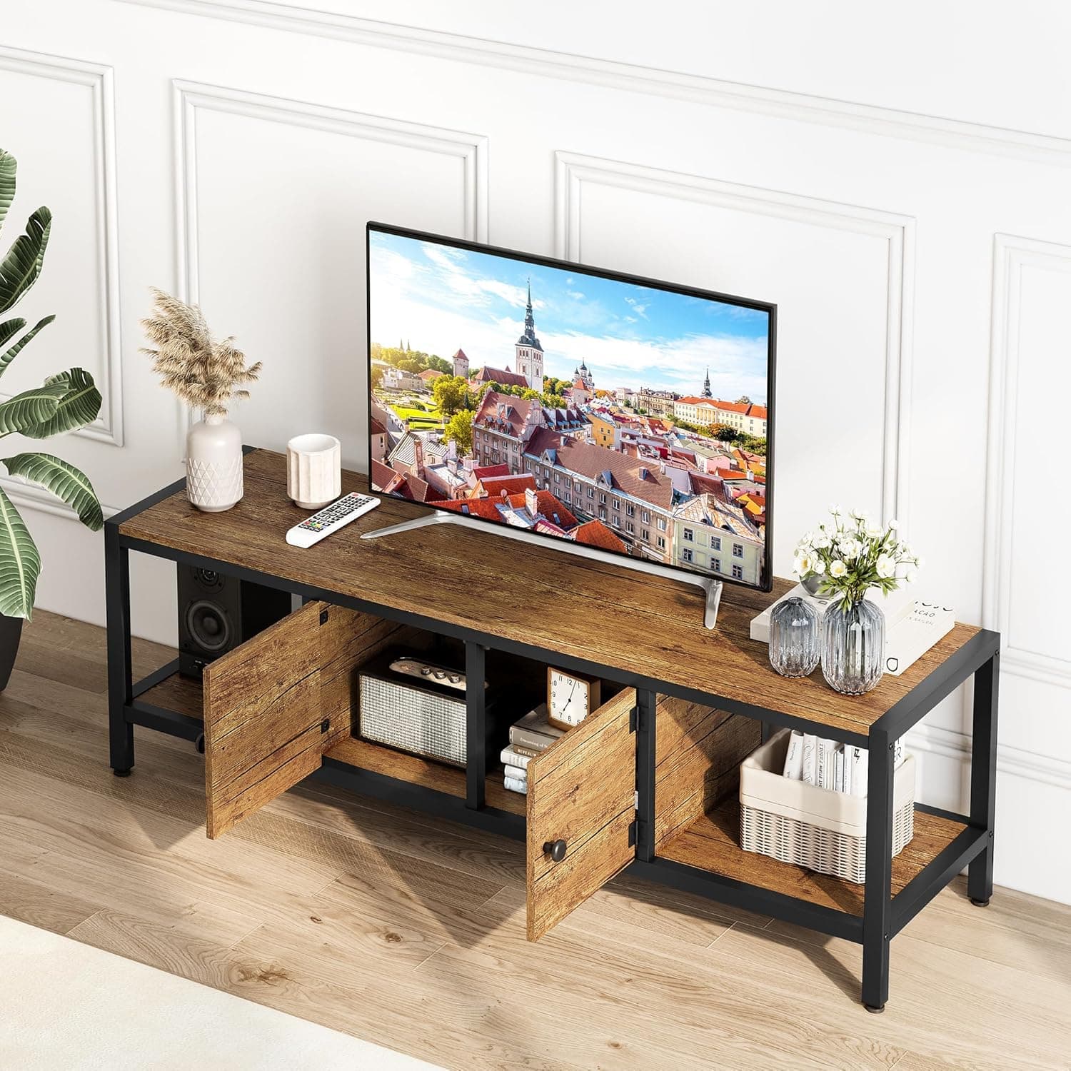 Qeetex - Modern 65-Inch TV Stand for Up to 75-Inch TVs, Entertainment Center with Storage Cabinet & Adjustable Feet - Brown