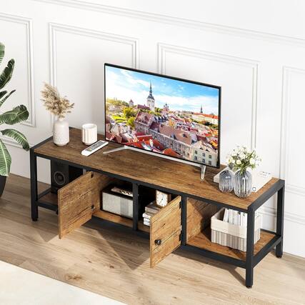 Front. Qeetex - Modern 65-Inch TV Stand for Up to 75-Inch TVs, Entertainment Center with Storage Cabinet & Adjustable Feet - Brown.
