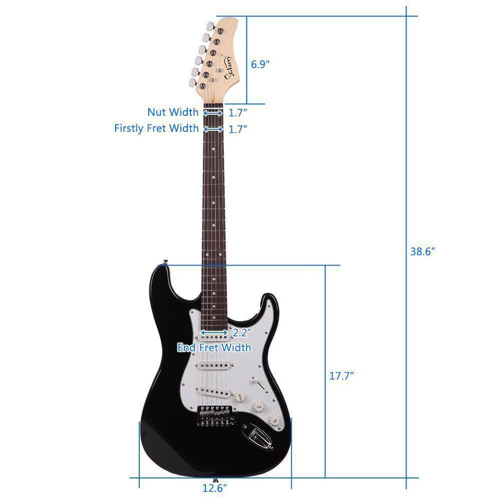 Sure, here is the corrected and grouped text from the image:

- Nut Width: 1.7"
- Firstly Fret Width: 1.7"
- End Fret Width: 2.2"
- Neck Width: 6.9"
- Body Length: 38.6"
- Body Width: 17.7"
- Body Depth: 12.6"