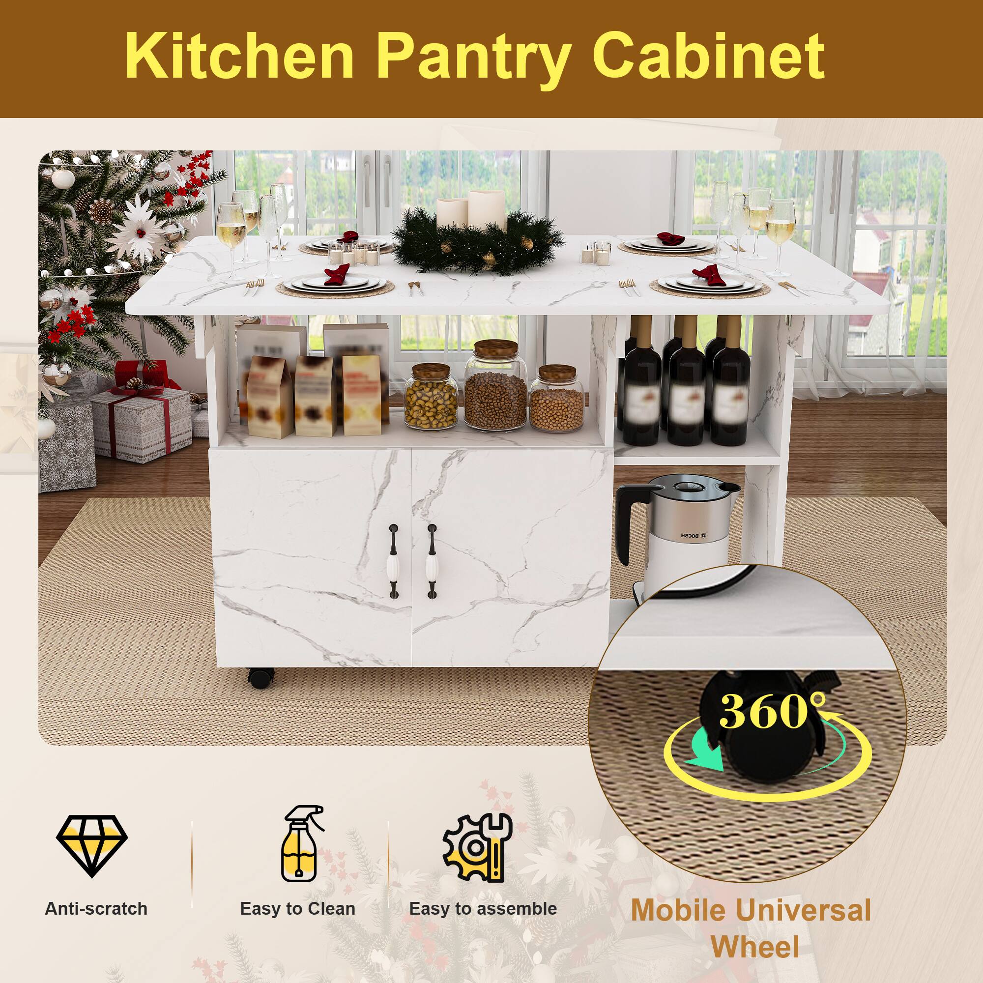 Kitchen Pantry Cabinet

- Anti-scratch
- Easy to Clean
- Easy to Assemble
- Mobile Universal Wheel
- 360°