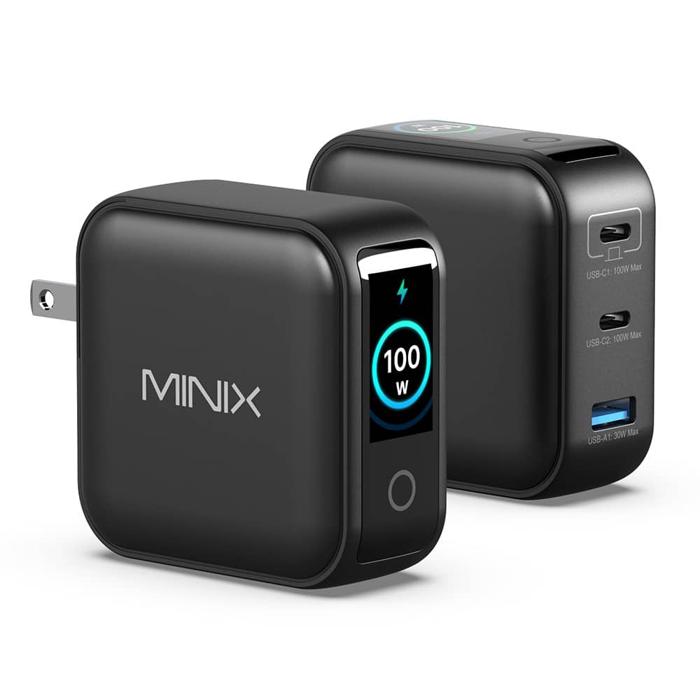 MINIX - P3 PRO LED GaN Wall Charger, 3 Port, 100W Power, LED Display, Pocket-Sized, 2 x USB-C, 1 x USB-A