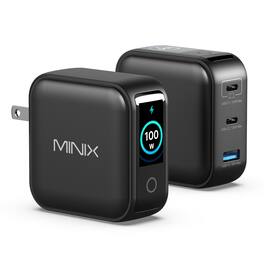 MINIX - P3 PRO LED GaN Wall Charger, 3 Port, Max 100W Power, LED Display, Fast Charging, Pocket-Sized, 2 x USB-C, 1 x USB-A - Black