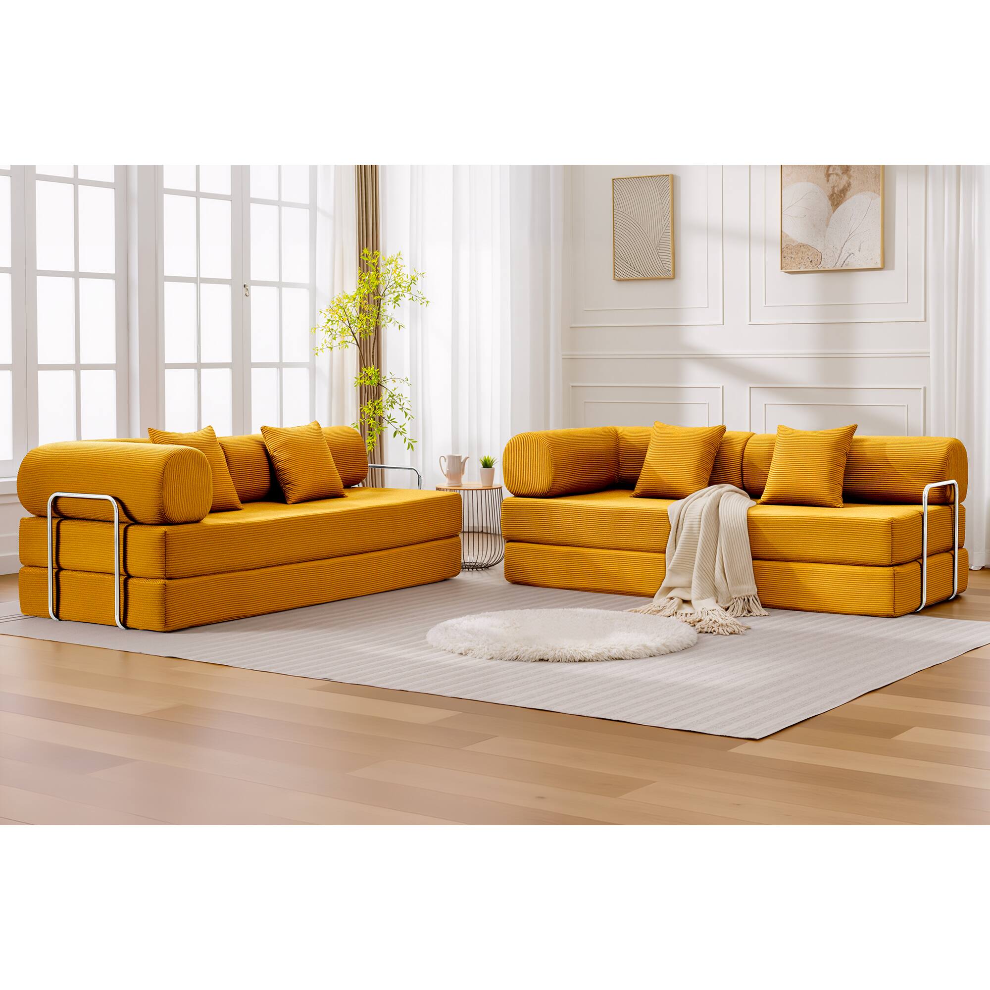 Angle. KERDOM - L-Shaped Corduroy Couch Chaise Lounge, 78'' Foldable Sofa Bed 2pcs Combined, Spliced Block Modular Sectional Sponge Sofa - Ginger Yellow.