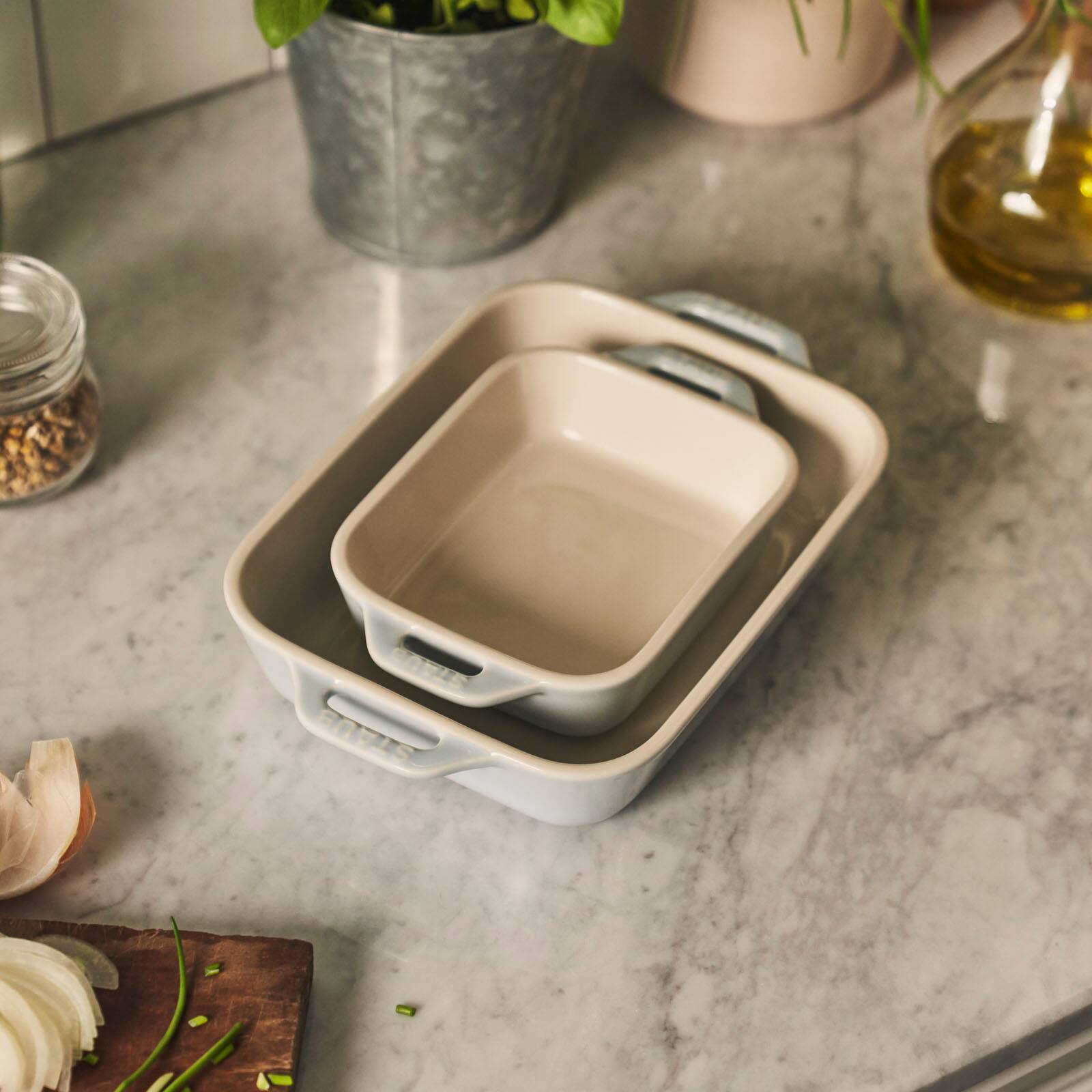 Alt View 1. Staub - Staub Ceramic 2-pc Rectangular Baking Dish Set - Macaron Pastel Blue - Blue.