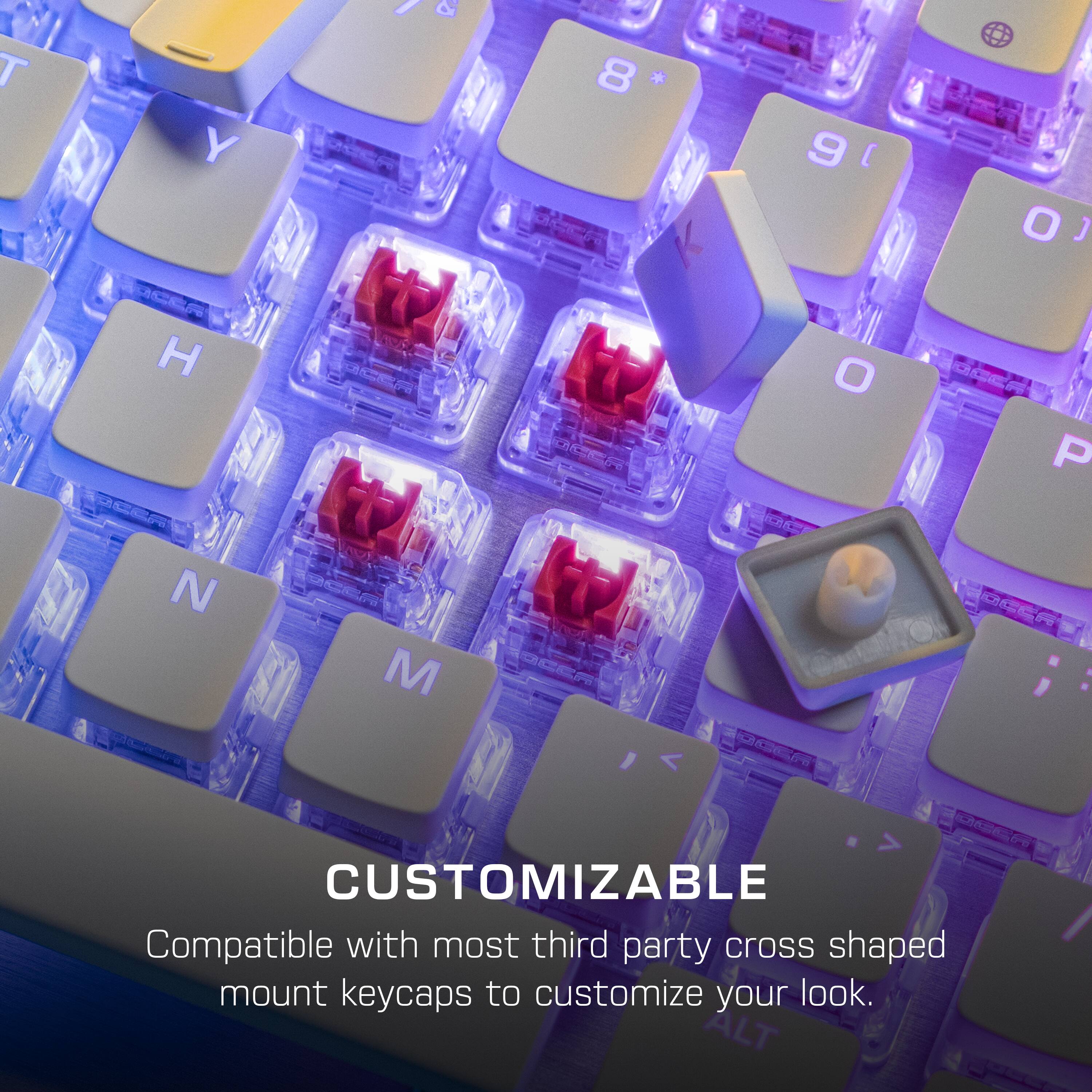 The image features a close-up view of a keyboard with customizable keycaps. The keycaps are designed to be compatible with most third-party cross-shaped mount keycaps, allowing users to customize their keyboard's appearance. The keycaps are arranged in a row, showcasing their unique design and the various options available for customization.
